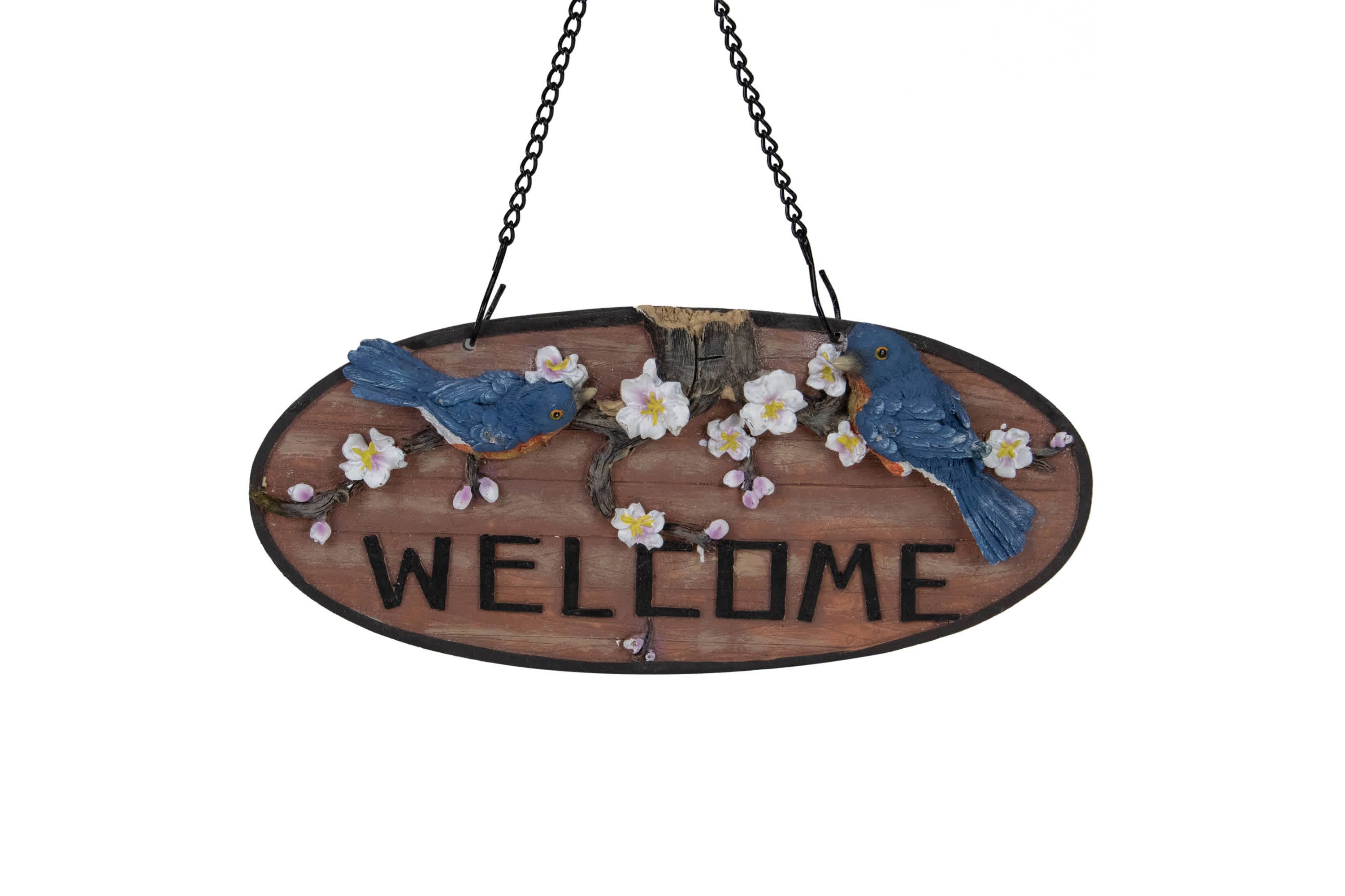 12" Hanging Welcome Sign with Bluebirds and Flowers