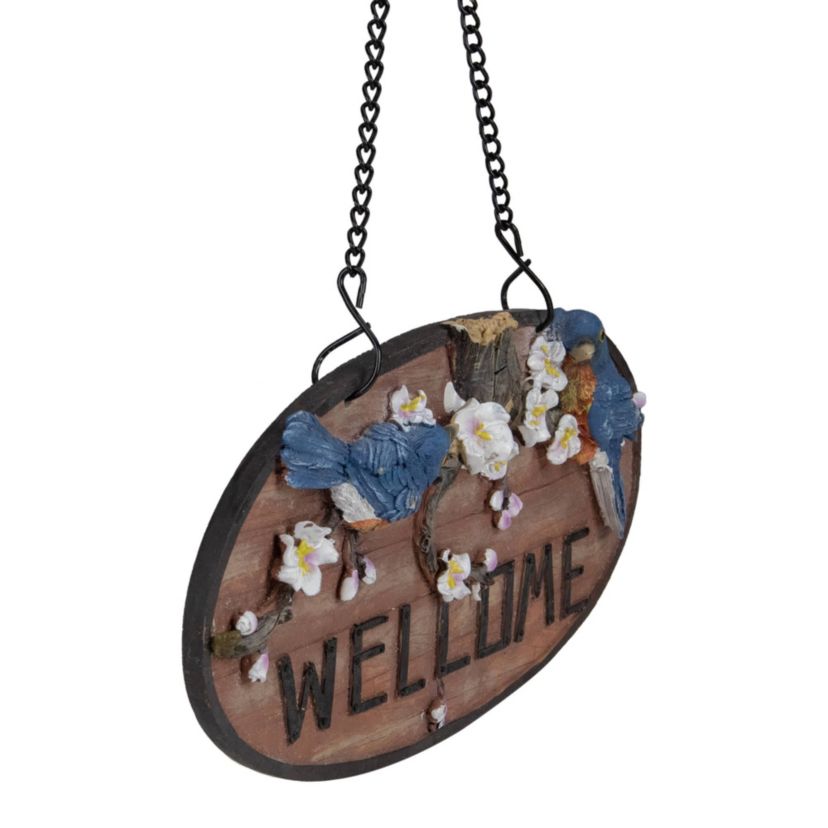 12" Hanging Welcome Sign with Bluebirds and Flowers