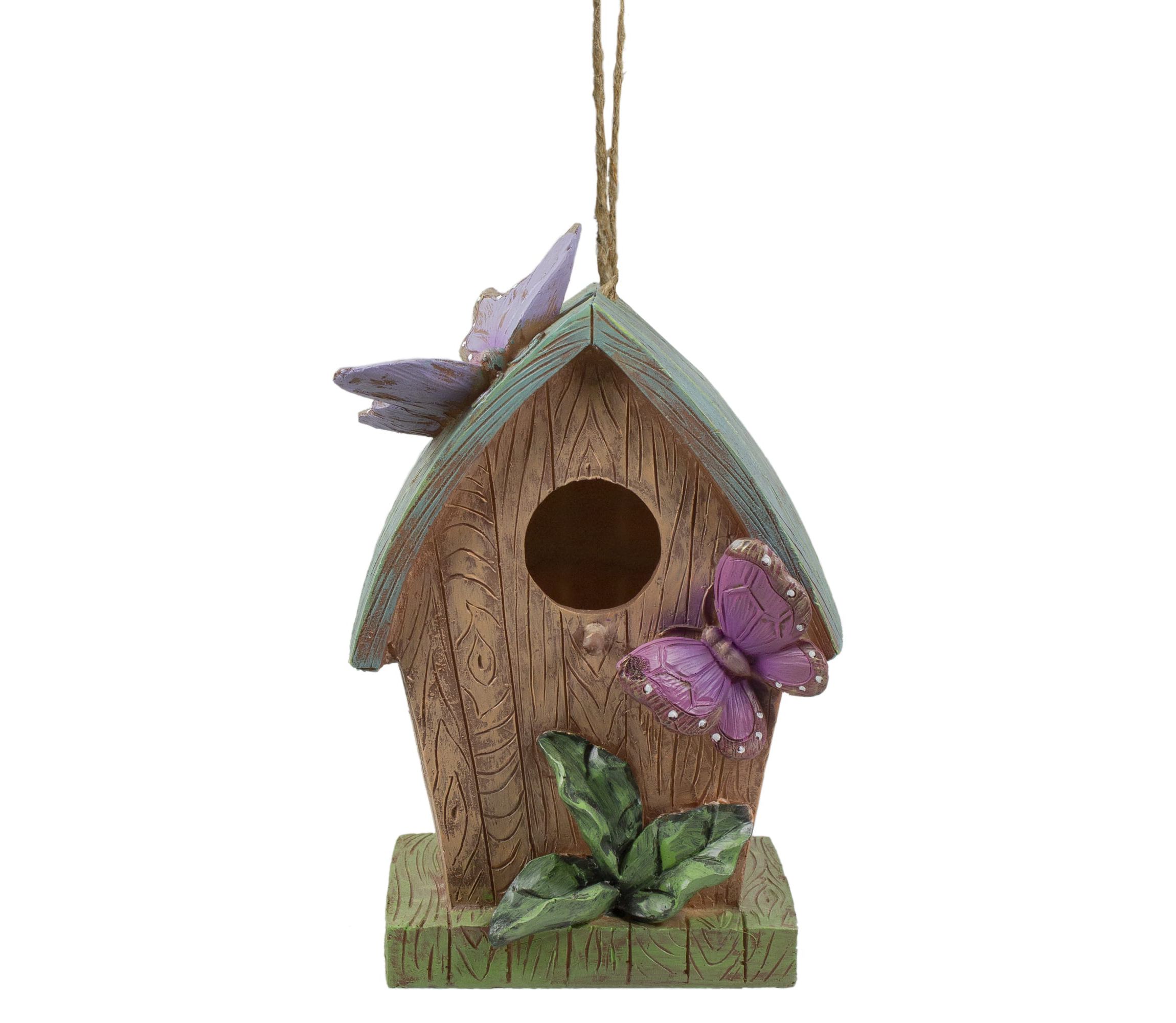 10" Brown and Green Hanging Birdhouse with Butterflies Outdoor Garden Decor