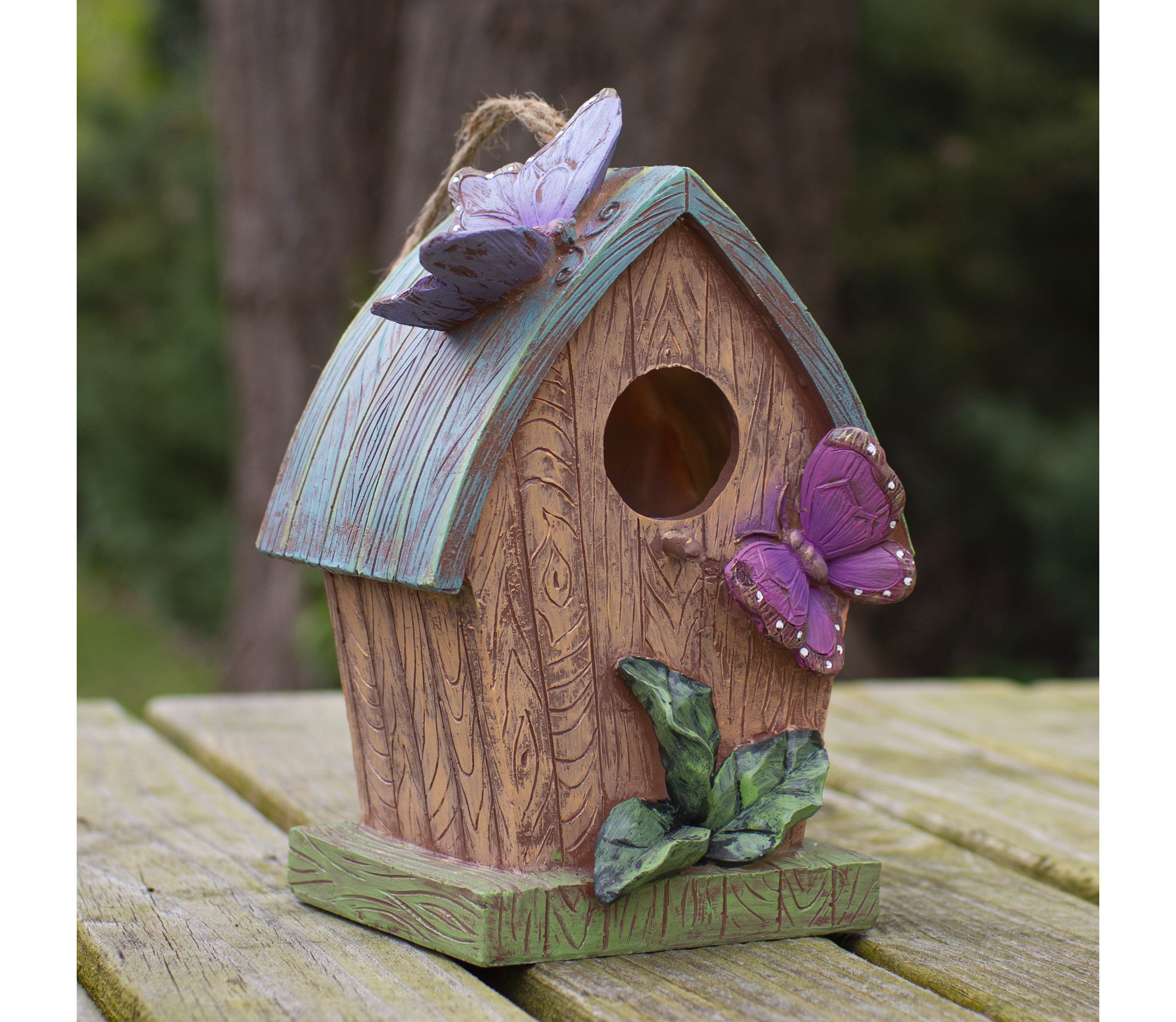 10" Brown and Green Hanging Birdhouse with Butterflies Outdoor Garden Decor