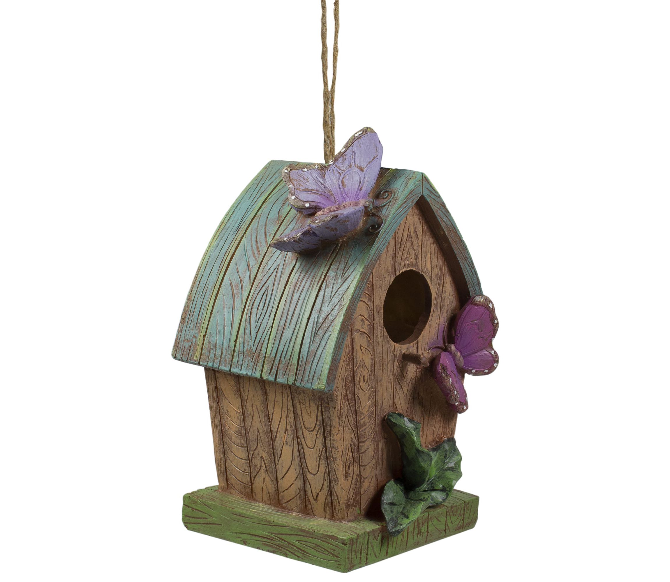10" Brown and Green Hanging Birdhouse with Butterflies Outdoor Garden Decor