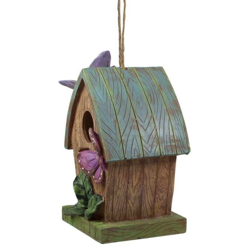 10" Brown and Green Hanging Birdhouse with Butterflies Outdoor Garden Decor