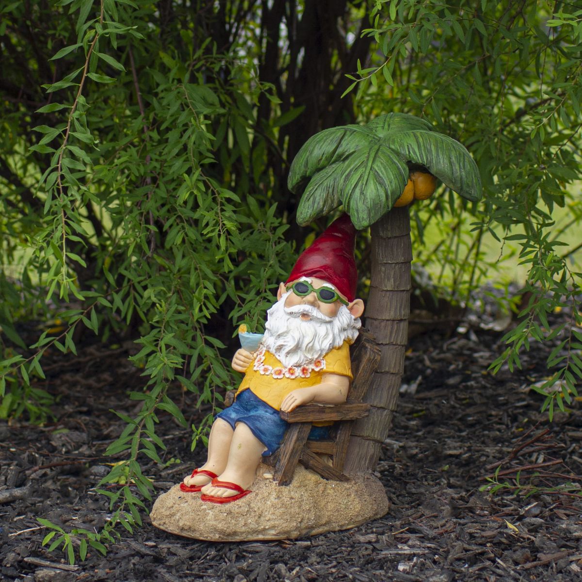 12.25" Tropical Gnome with Palm Tree Outdoor Garden Statue