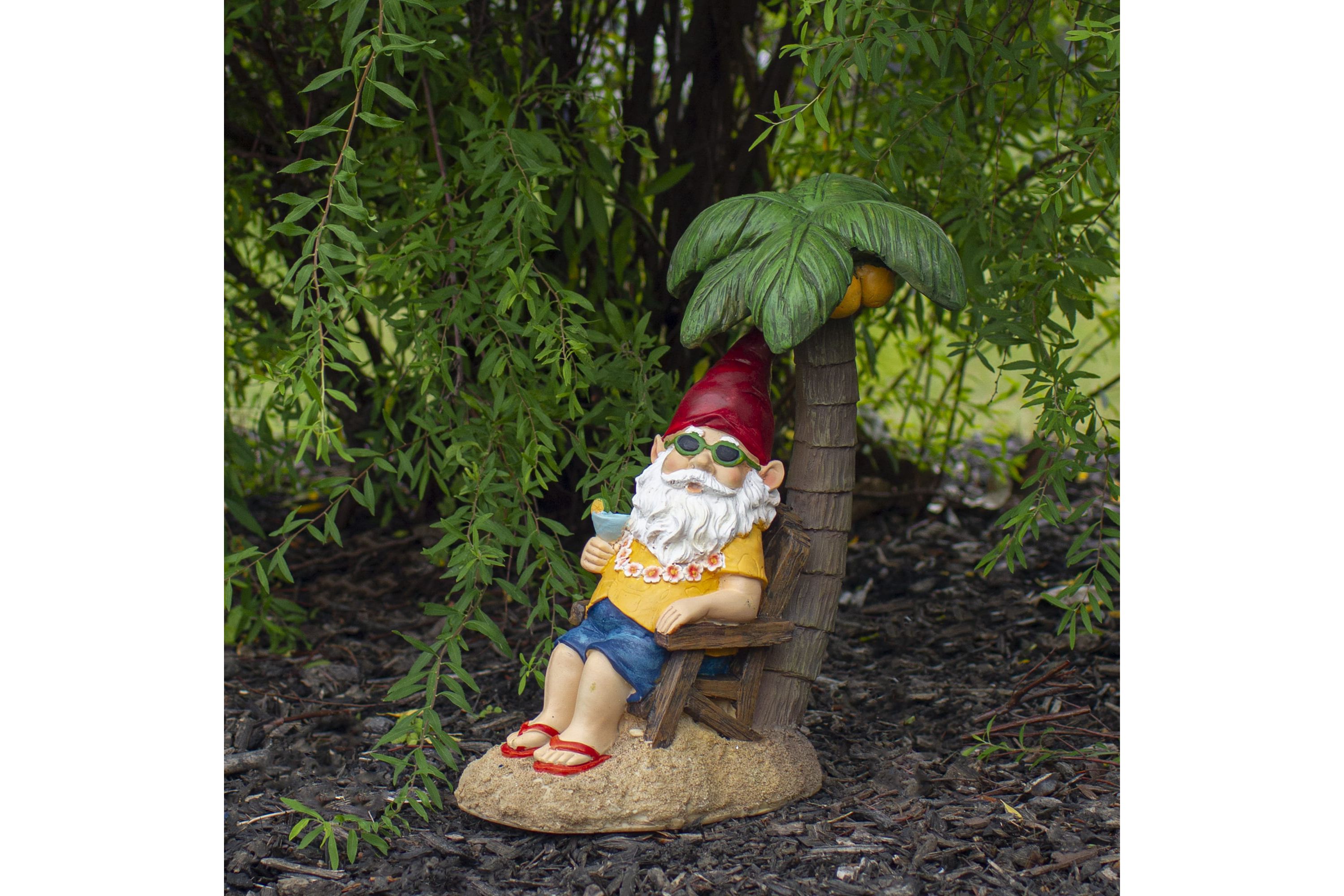 12.25" Tropical Gnome with Palm Tree Outdoor Garden Statue