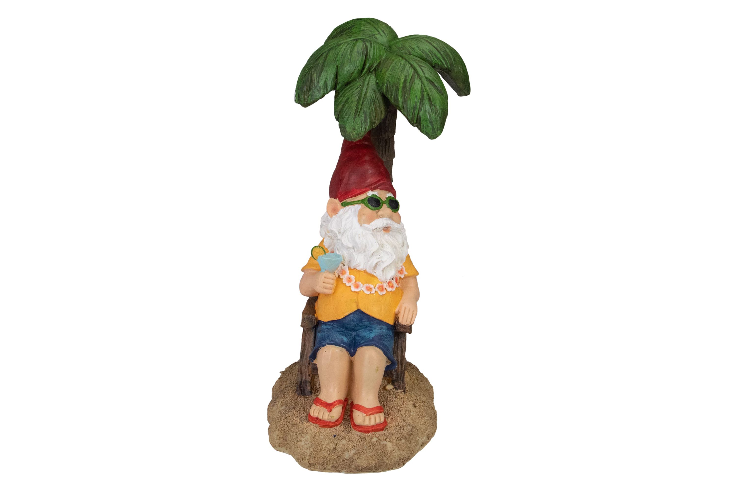 12.25" Tropical Gnome with Palm Tree Outdoor Garden Statue