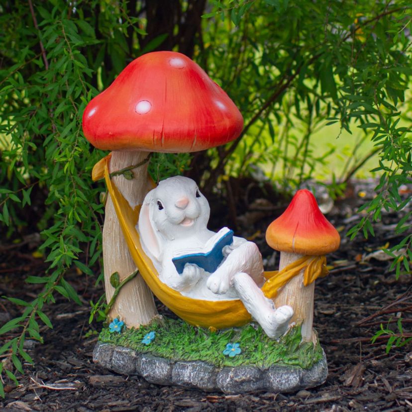 11.75" White Bunny in Hammock Outside Garden Statue