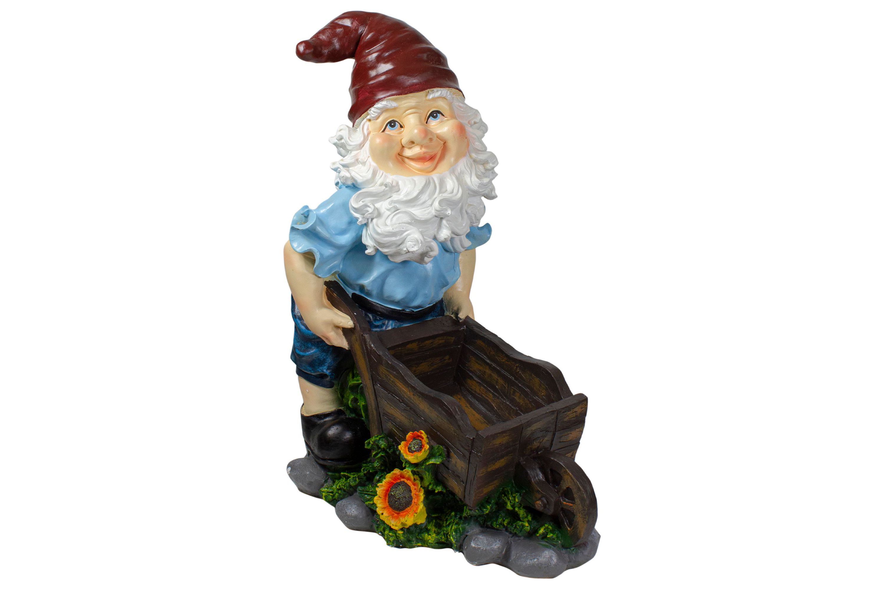 20" Blue and Brown Wheelbarrow Gnome Outdoor Garden Statue