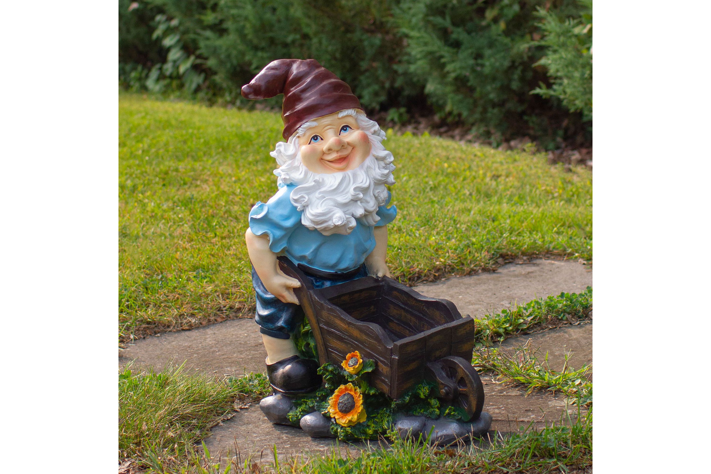 20" Blue and Brown Wheelbarrow Gnome Outdoor Garden Statue