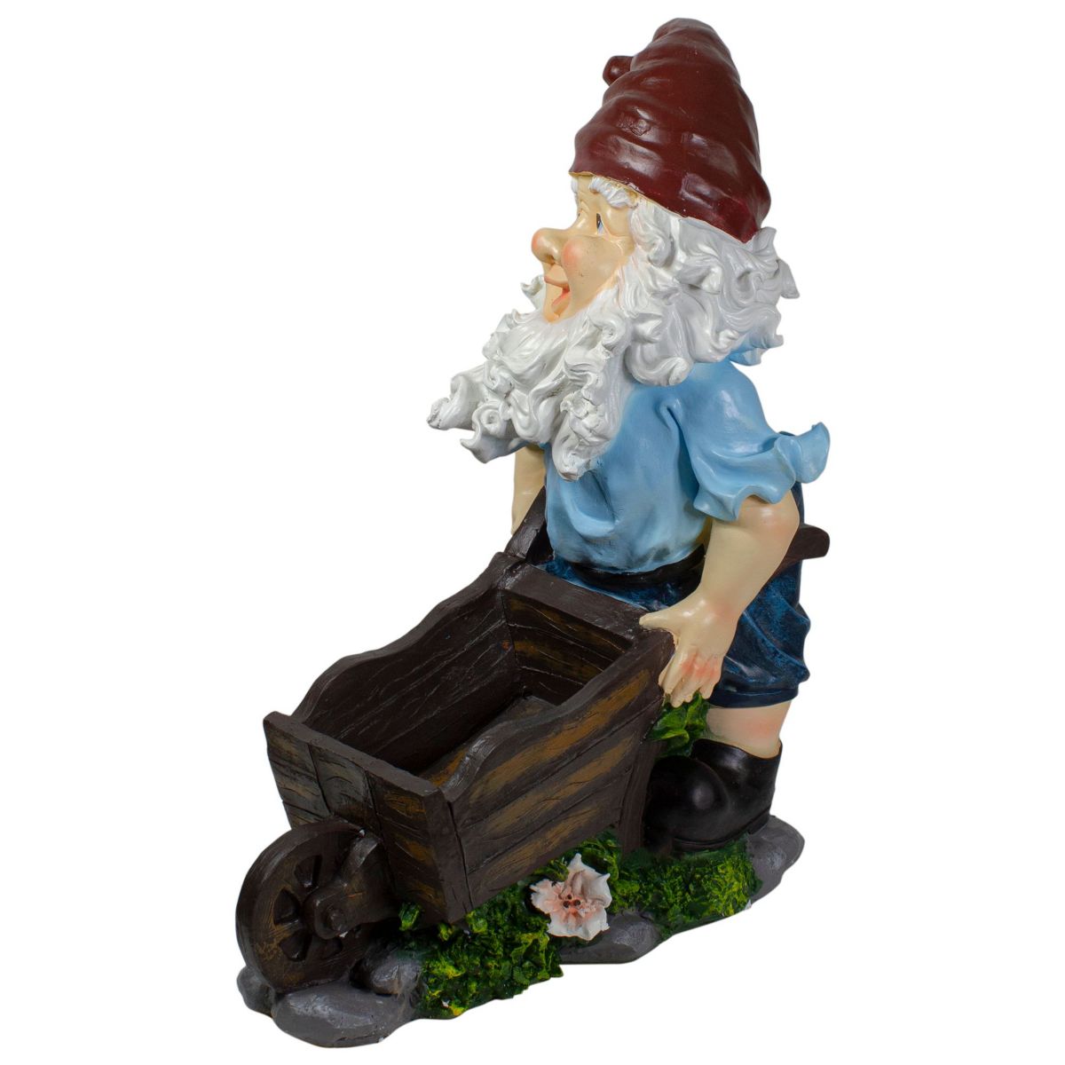 20" Blue and Brown Wheelbarrow Gnome Outdoor Garden Statue