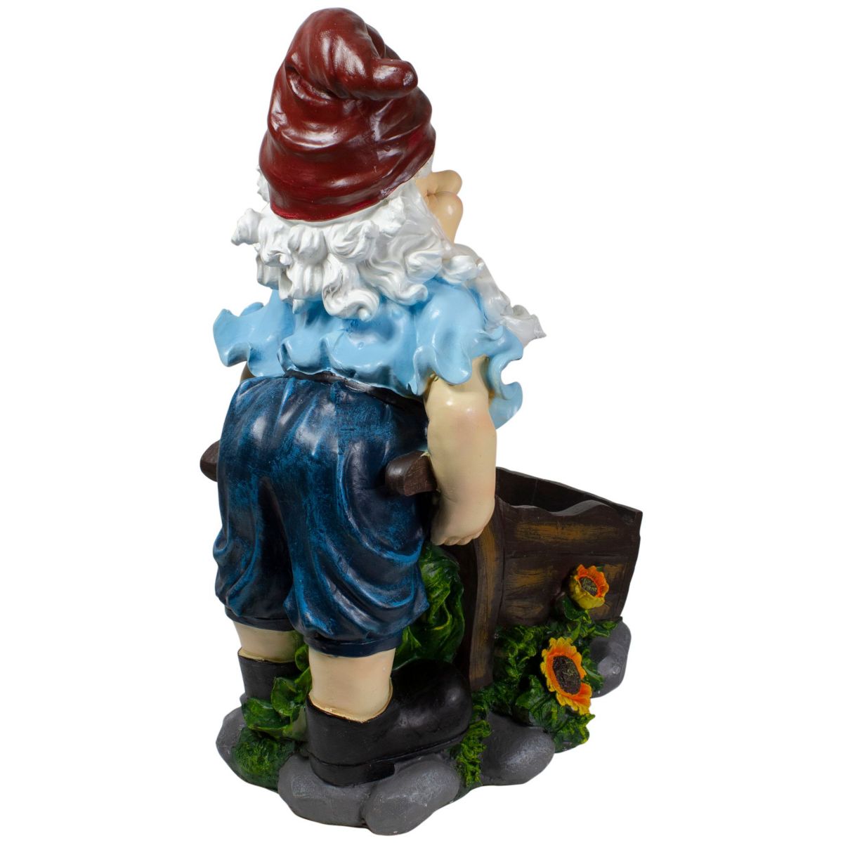 20" Blue and Brown Wheelbarrow Gnome Outdoor Garden Statue