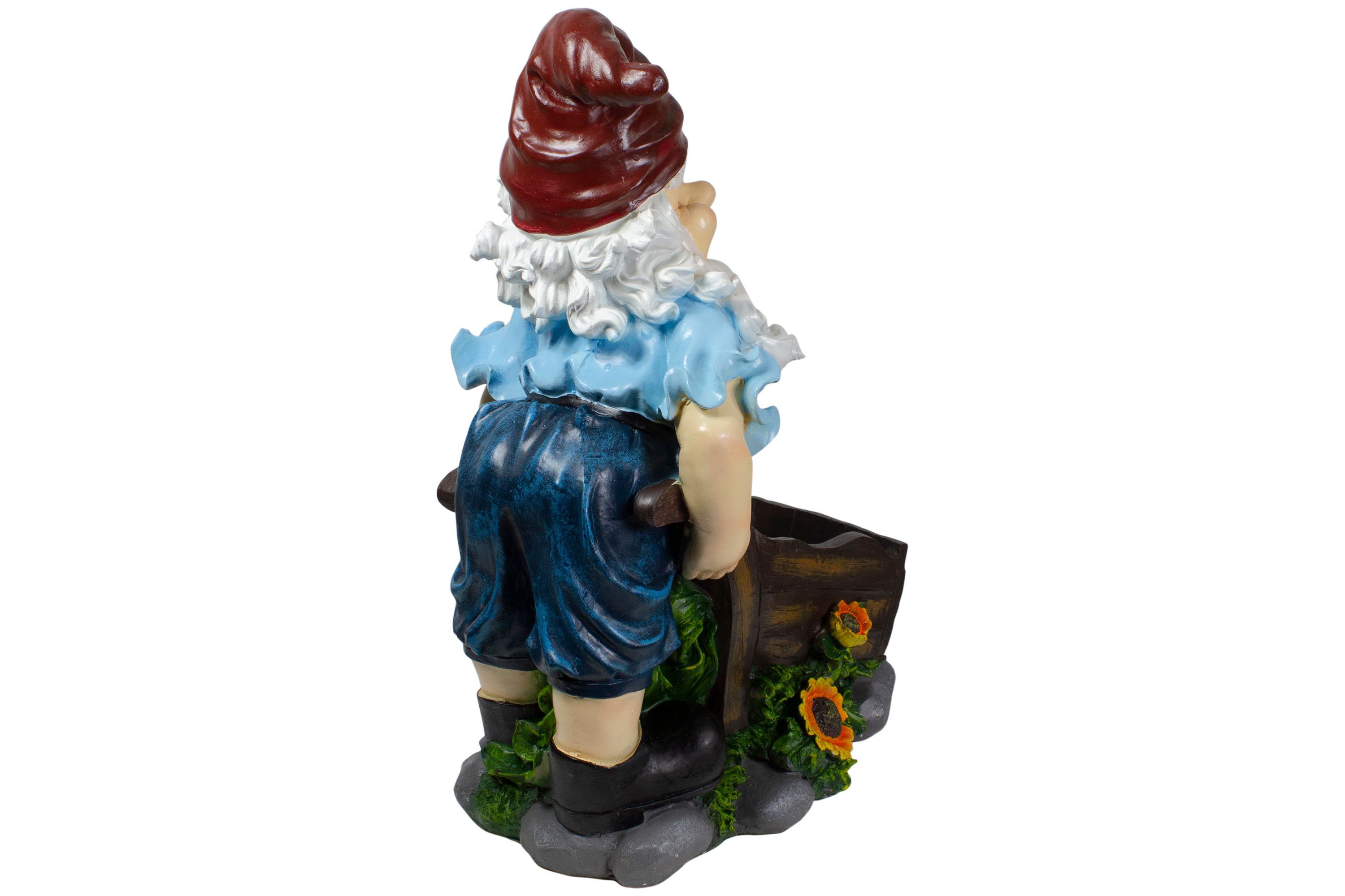 20" Blue and Brown Wheelbarrow Gnome Outdoor Garden Statue