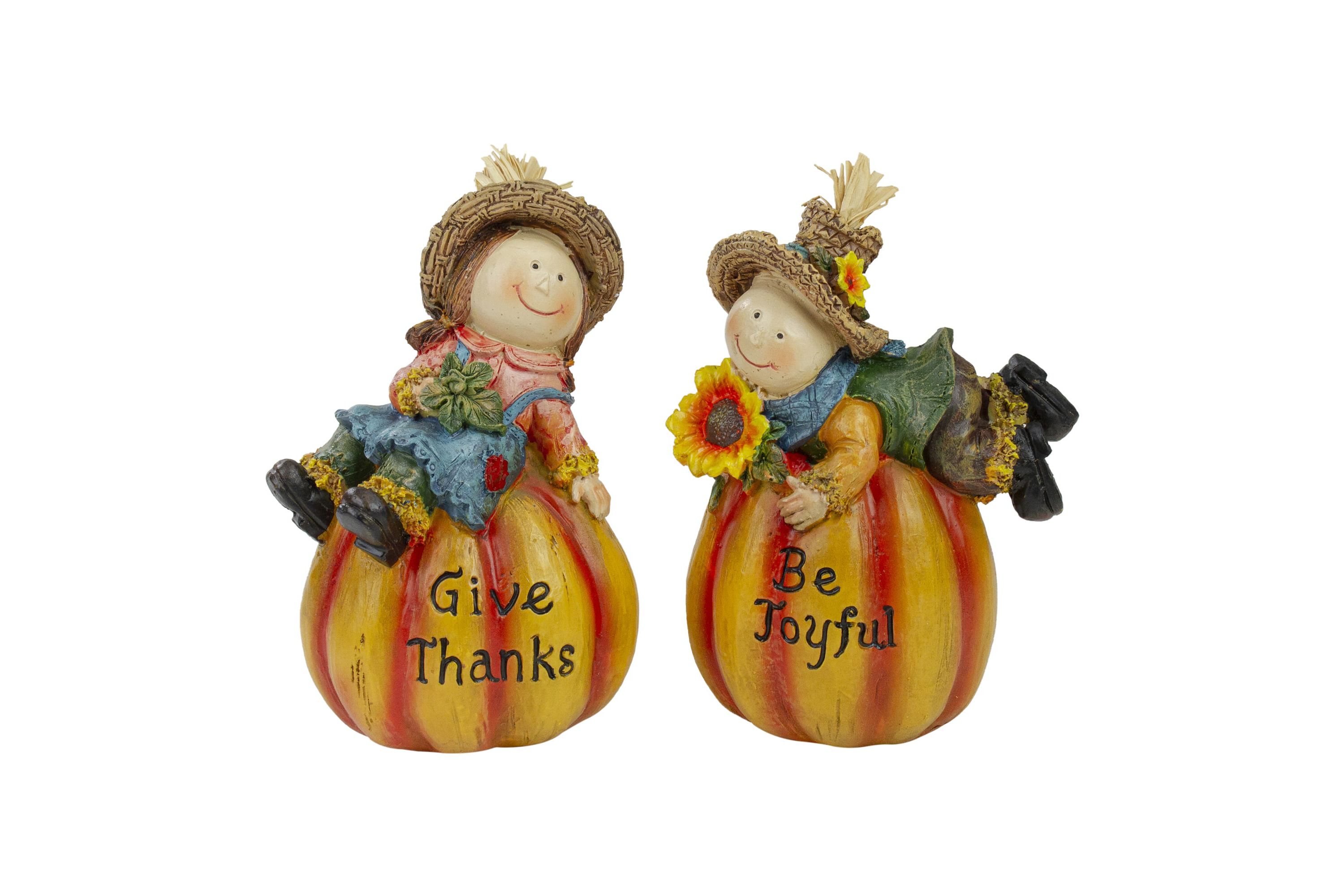 Set of 2 Girl and Boy Scarecrows on Pumpkins Fall Figurines 6inch