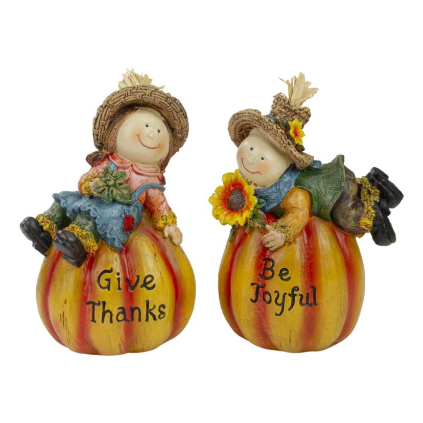 Set of 2 Girl and Boy Scarecrows on Pumpkins Fall Figurines 6inch