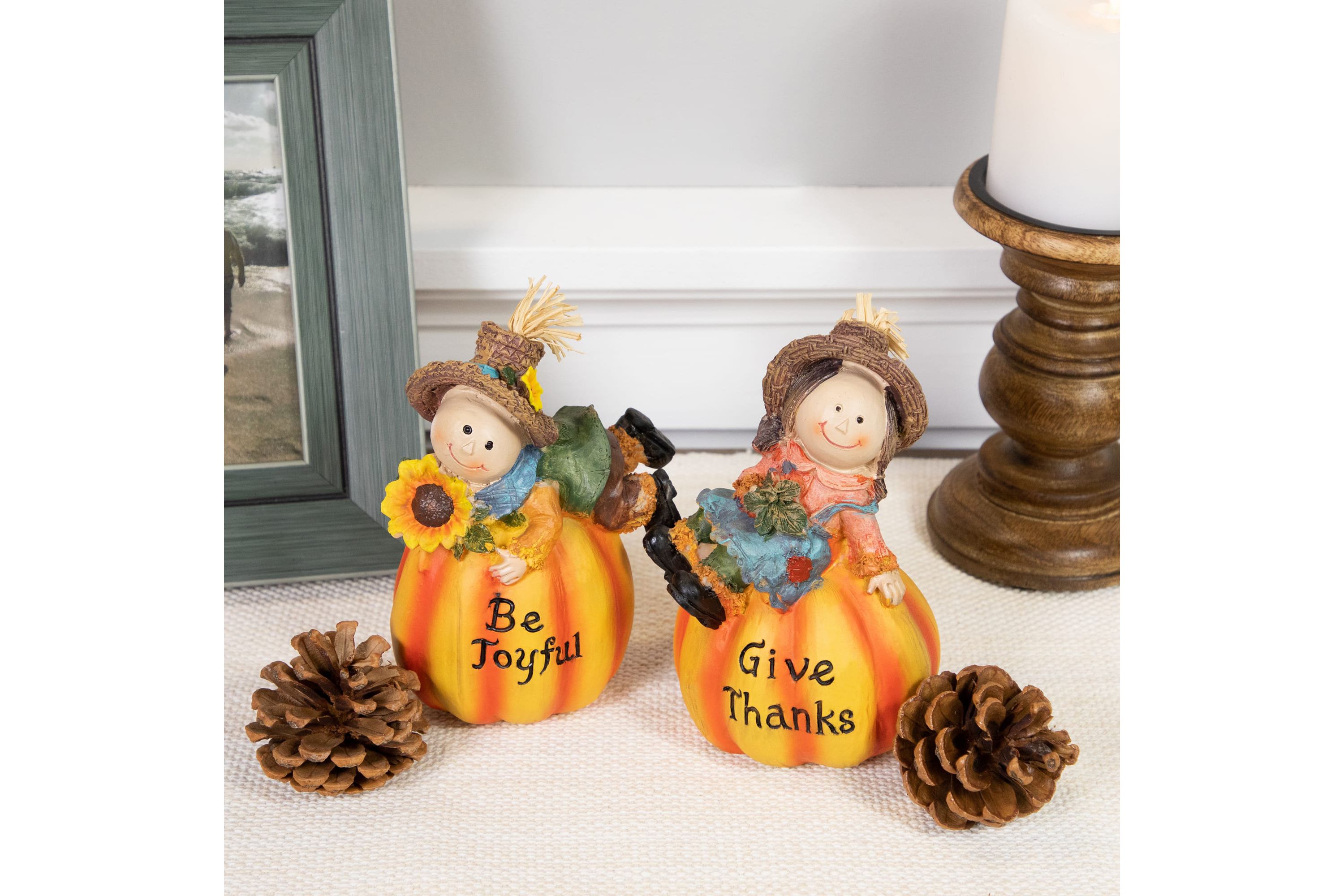 Set of 2 Girl and Boy Scarecrows on Pumpkins Fall Figurines 6inch