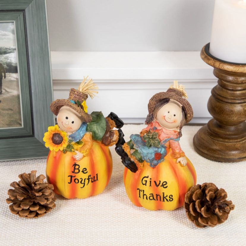 Set of 2 Girl and Boy Scarecrows on Pumpkins Fall Figurines 6inch