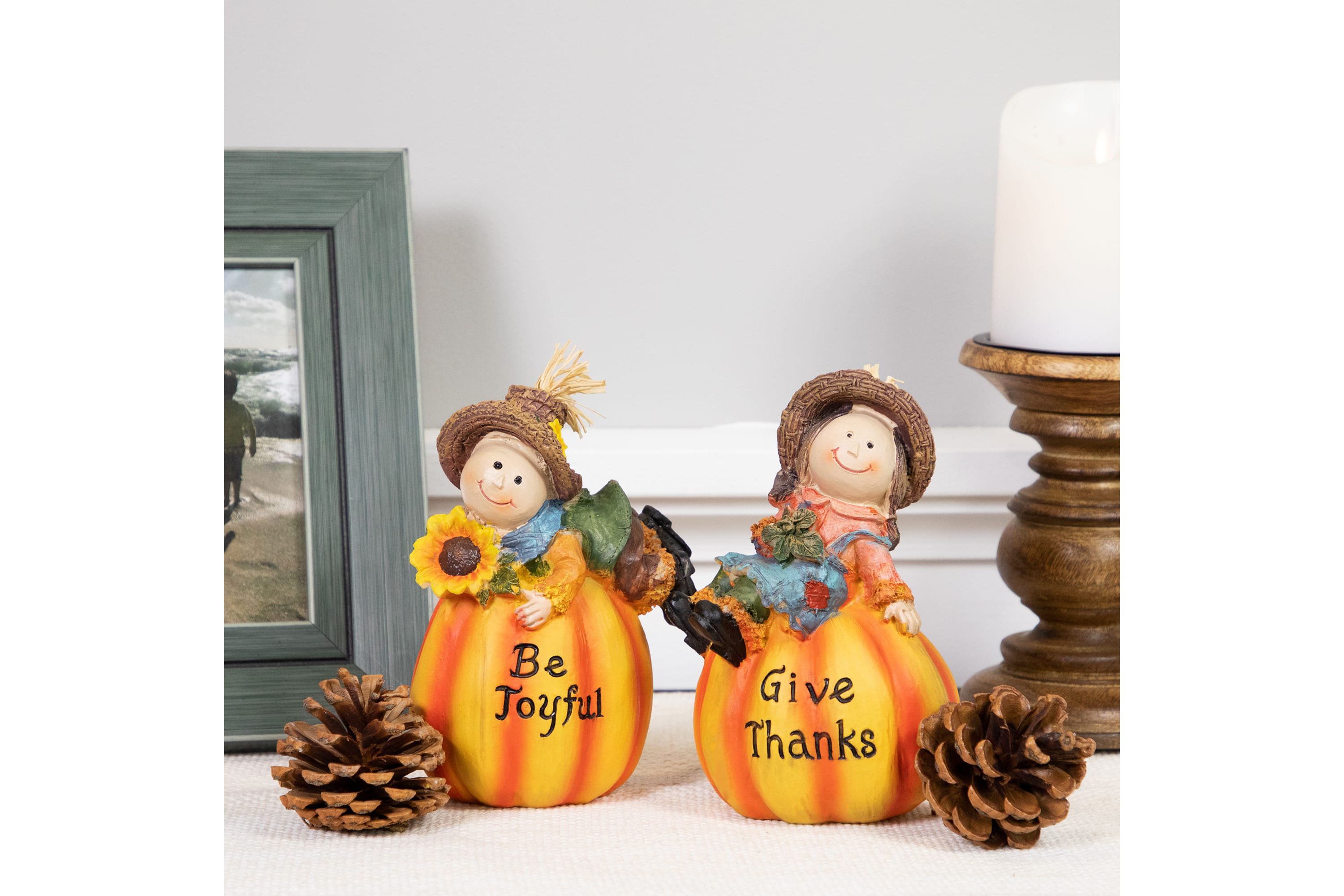 Set of 2 Girl and Boy Scarecrows on Pumpkins Fall Figurines 6inch