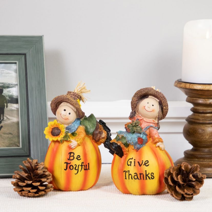 Set of 2 Girl and Boy Scarecrows on Pumpkins Fall Figurines 6inch