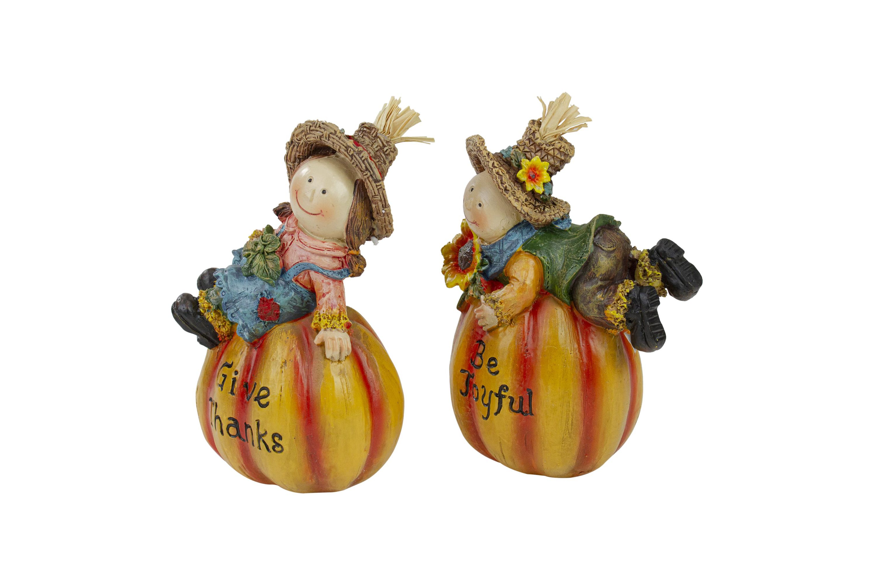 Set of 2 Girl and Boy Scarecrows on Pumpkins Fall Figurines 6inch