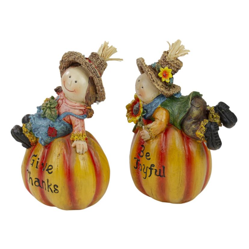 Set of 2 Girl and Boy Scarecrows on Pumpkins Fall Figurines 6inch