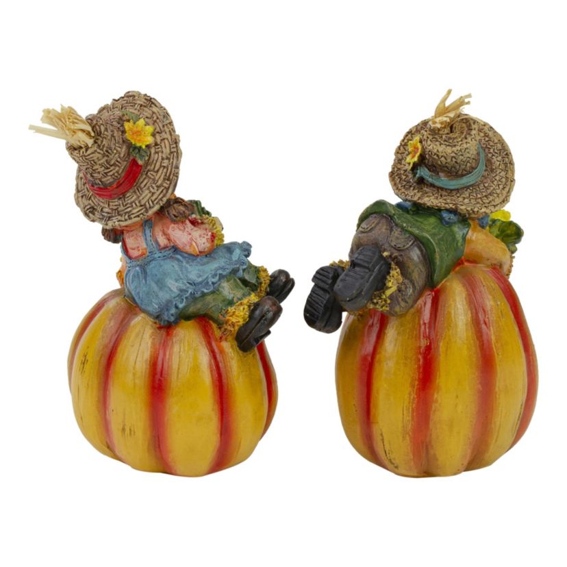 Set of 2 Girl and Boy Scarecrows on Pumpkins Fall Figurines 6inch