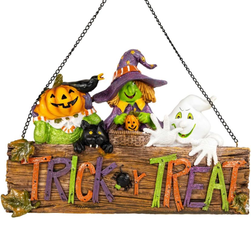13.5" Trick or Treat Jack O Lantern  Ghost  and Witch Halloween Wall SIgn
