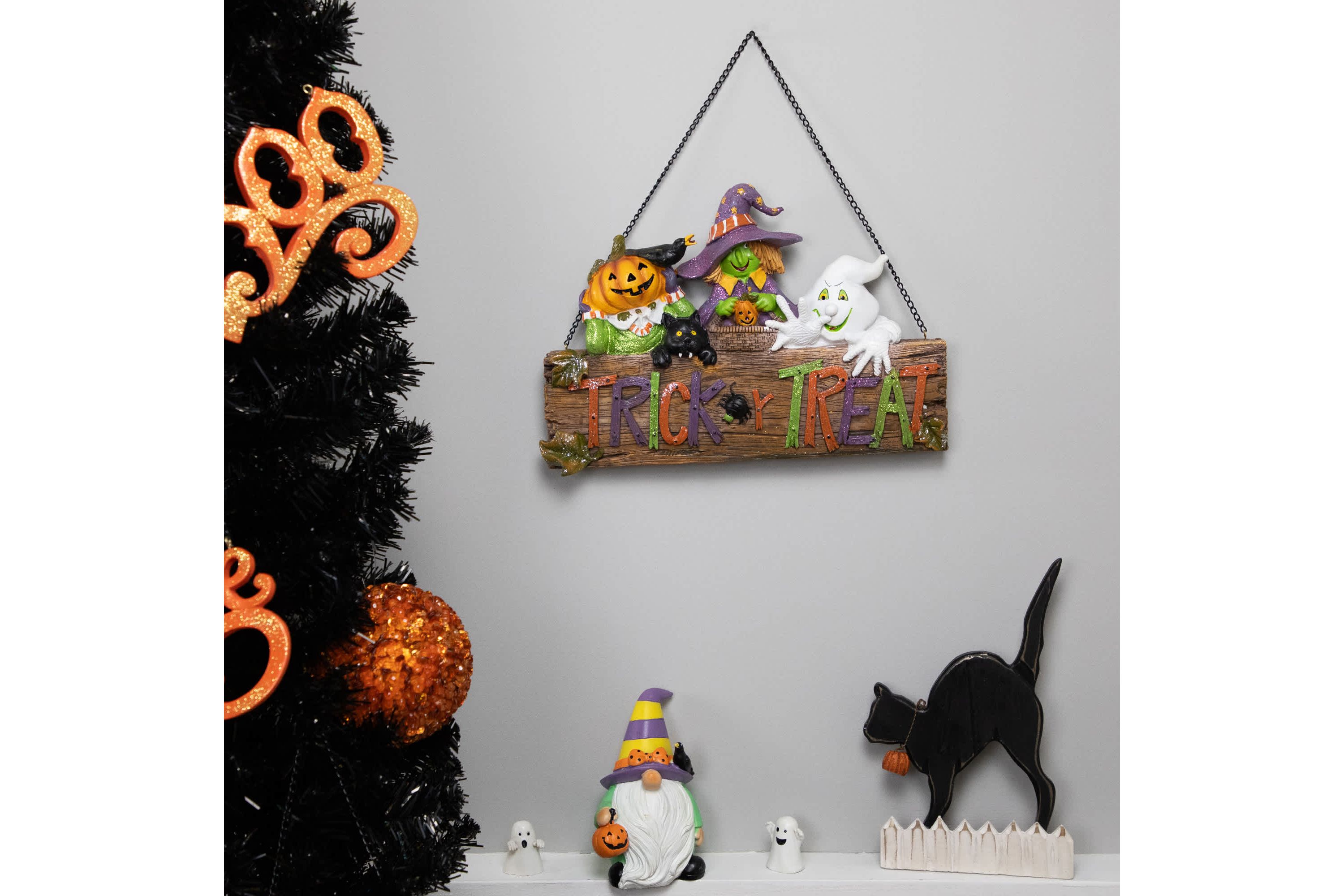 13.5" Trick or Treat Jack O Lantern  Ghost  and Witch Halloween Wall SIgn