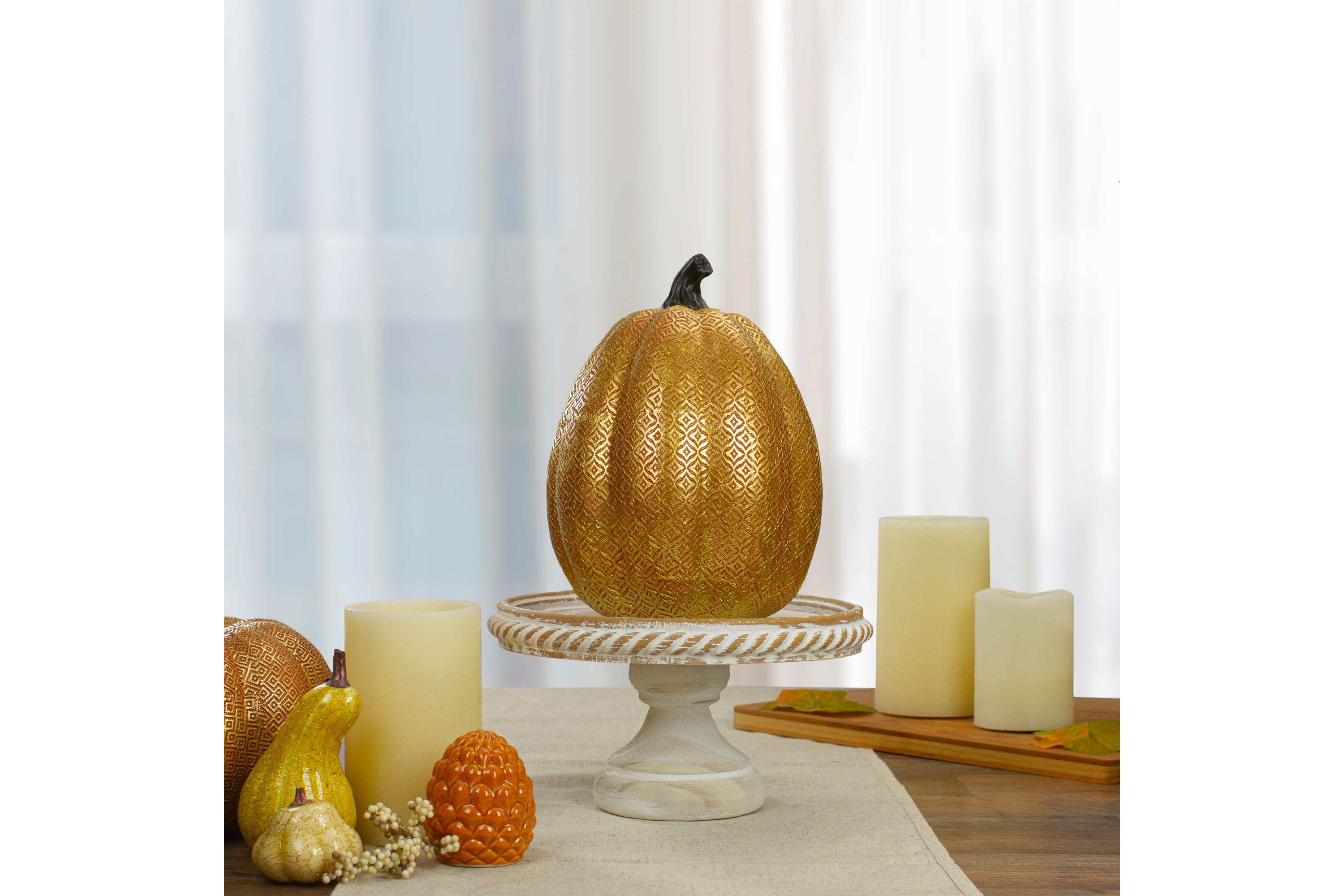 9.75" Gold and Orange Greek Key Textured Autumn Pumpkin Tabletop Decoration