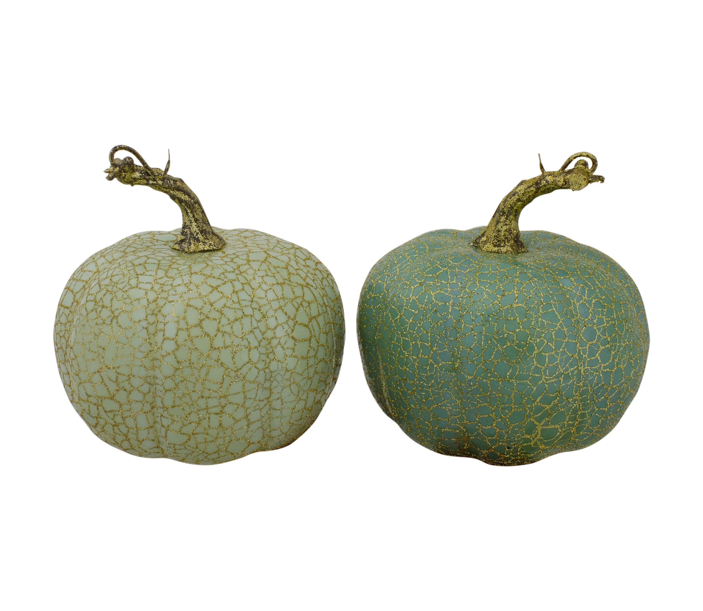 Set of 2 Green and Gold Crackle Fall Harvest Tabletop Thanksgiving Pumpkins 5-Inch
