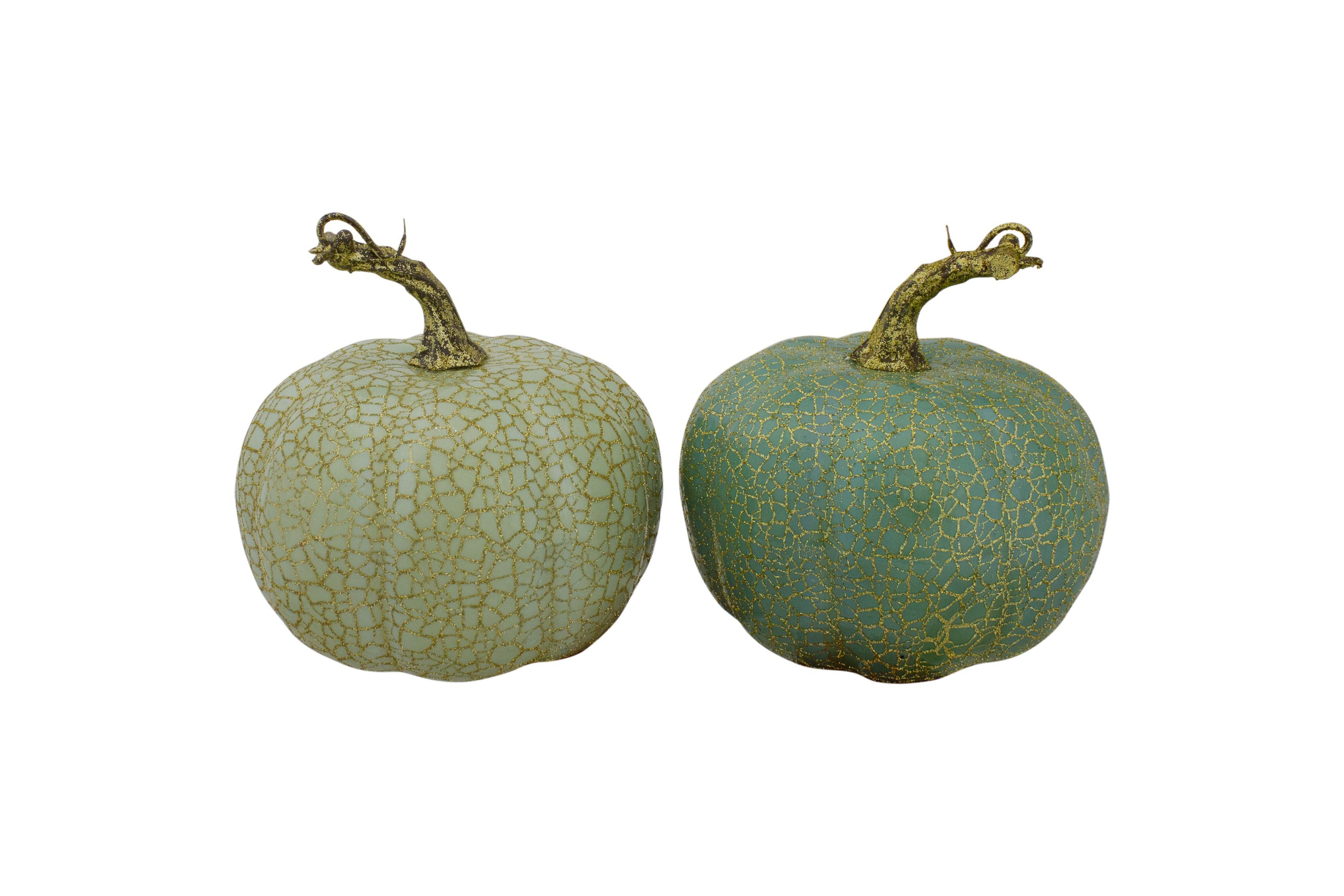 Set of 2 Green and Gold Crackle Fall Harvest Tabletop Thanksgiving Pumpkins 5-Inch