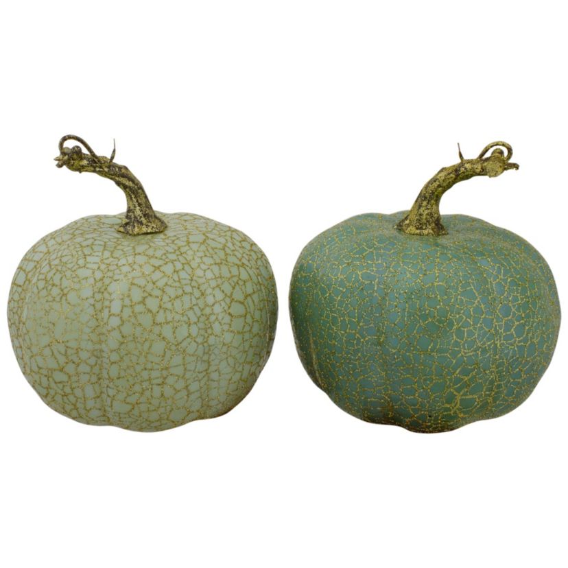 Set of 2 Green and Gold Crackle Fall Harvest Tabletop Thanksgiving Pumpkins 5-Inch