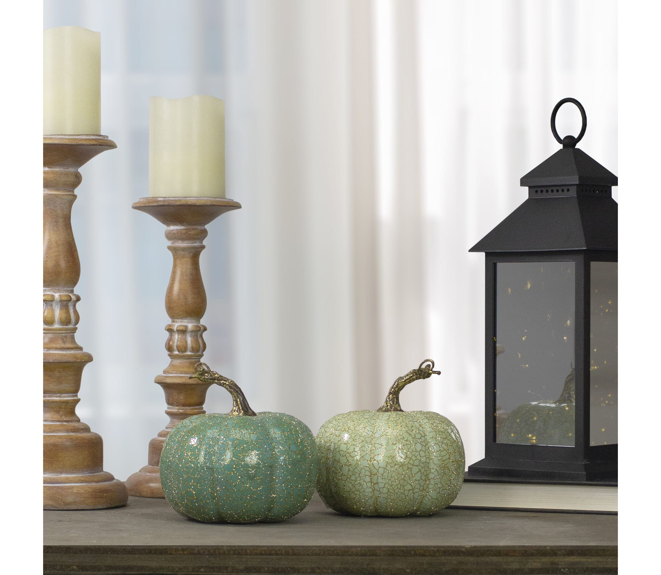 Set of 2 Green and Gold Crackle Fall Harvest Tabletop Thanksgiving Pumpkins 5-Inch