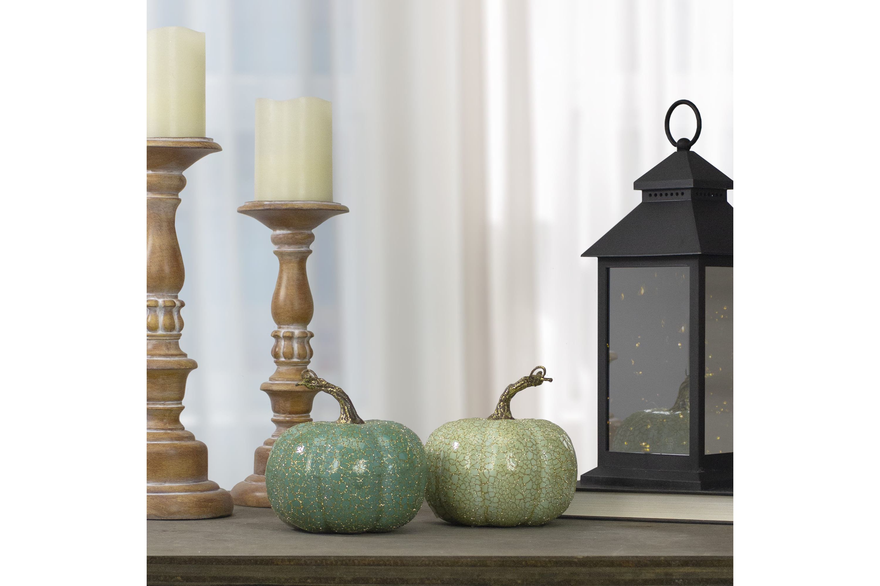 Set of 2 Green and Gold Crackle Fall Harvest Tabletop Thanksgiving Pumpkins 5-Inch