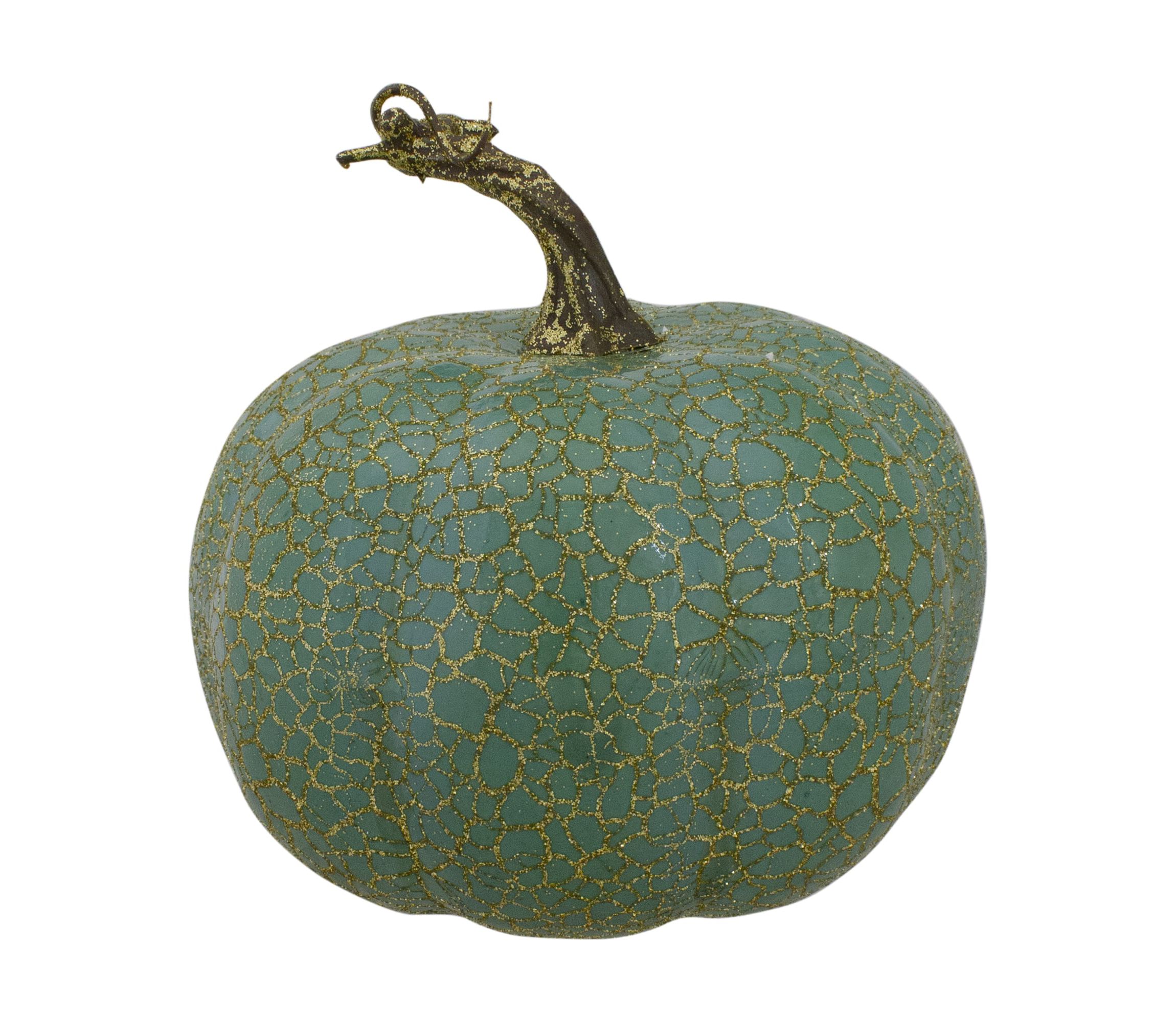 Set of 2 Green and Gold Crackle Fall Harvest Tabletop Thanksgiving Pumpkins 5-Inch