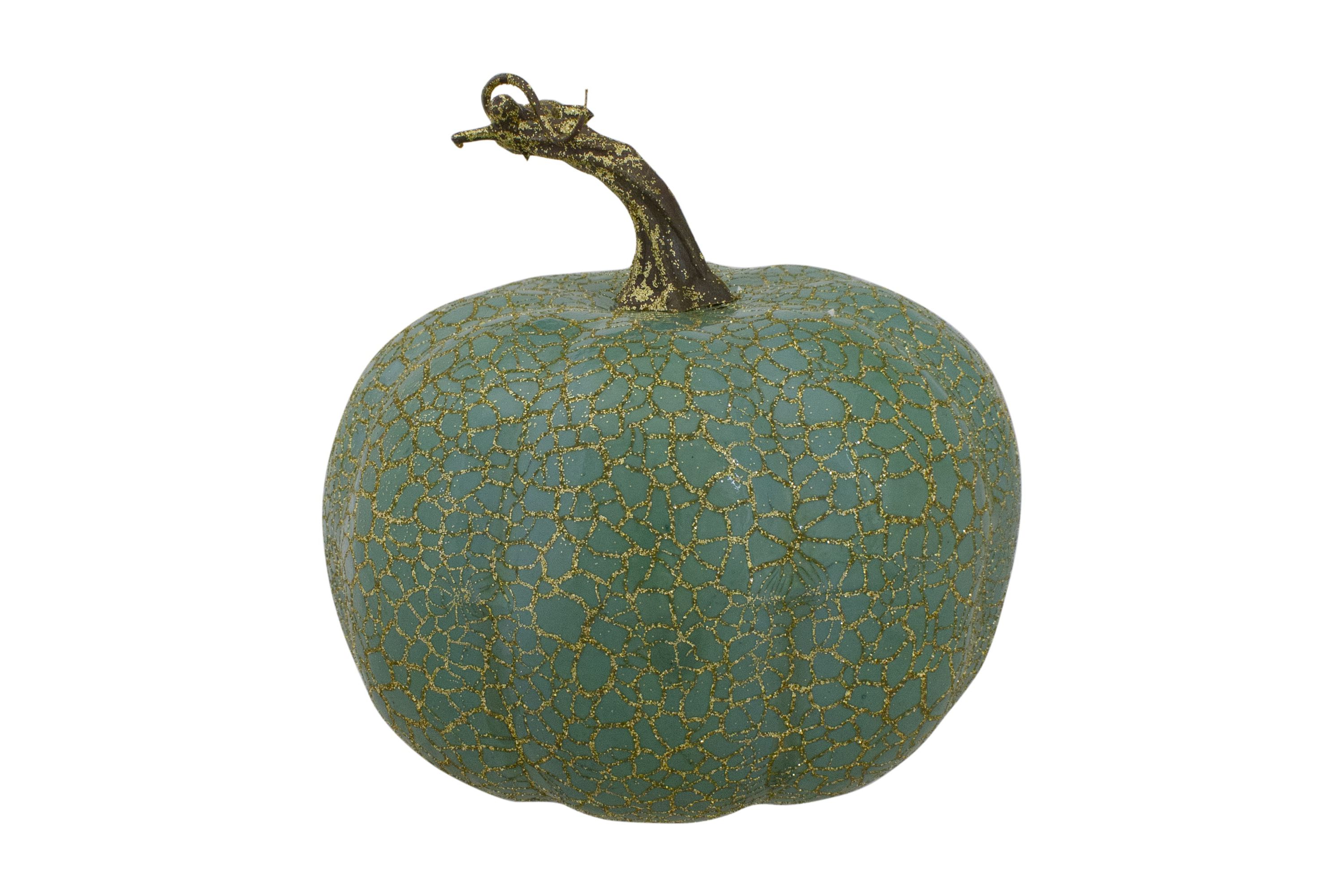 Set of 2 Green and Gold Crackle Fall Harvest Tabletop Thanksgiving Pumpkins 5-Inch