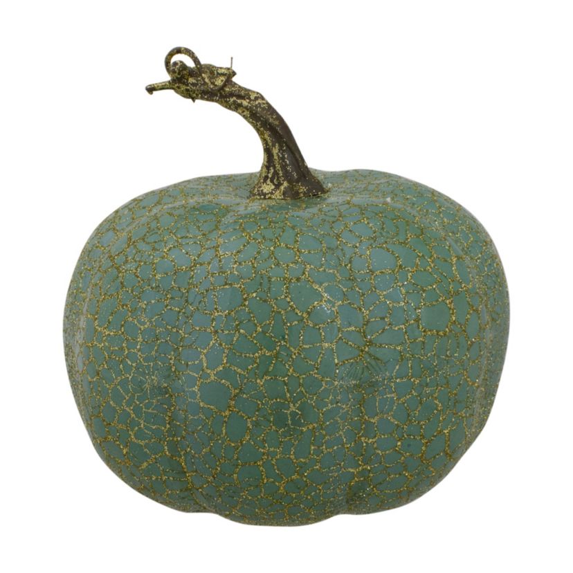 Set of 2 Green and Gold Crackle Fall Harvest Tabletop Thanksgiving Pumpkins 5-Inch