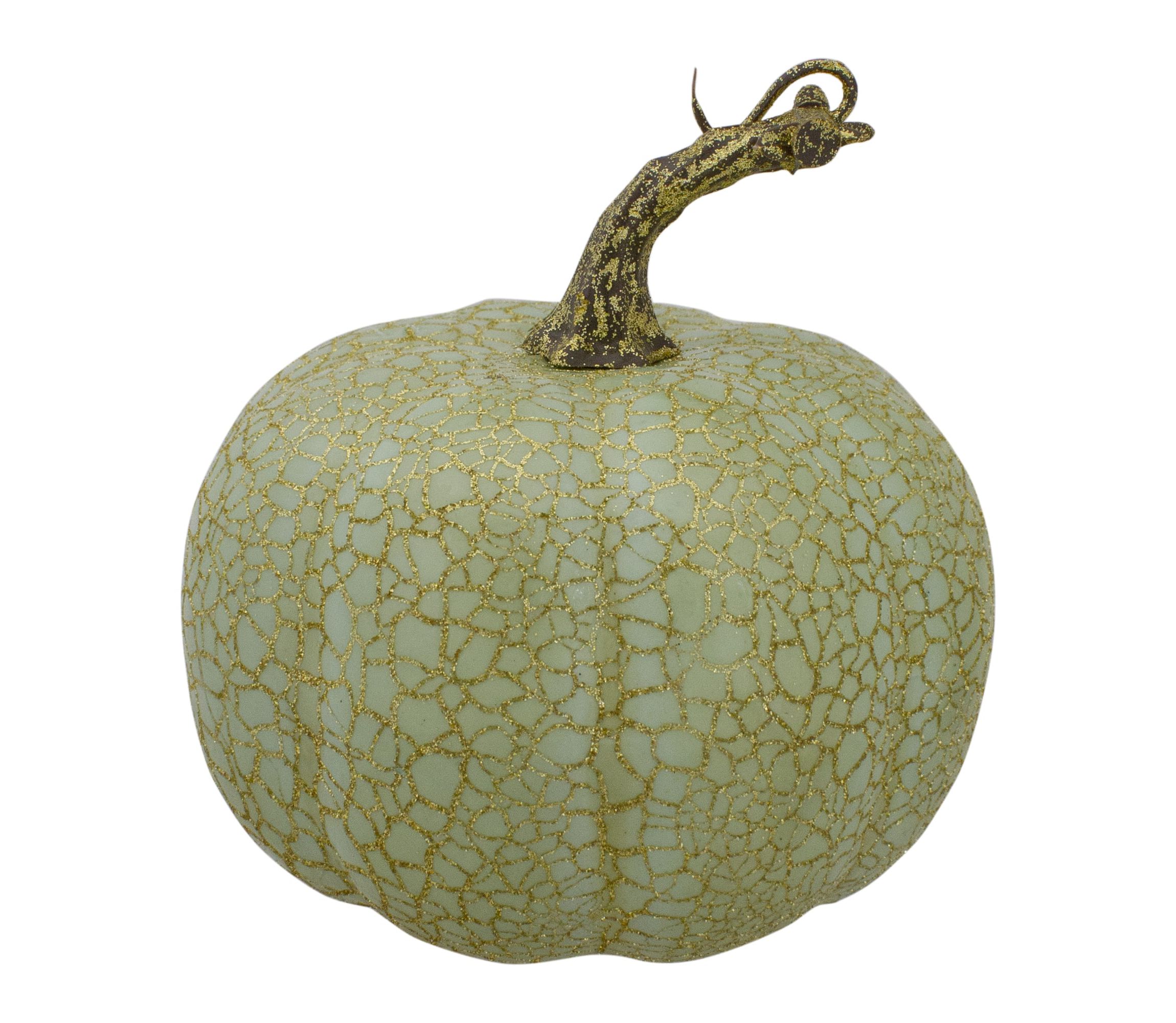 Set of 2 Green and Gold Crackle Fall Harvest Tabletop Thanksgiving Pumpkins 5-Inch