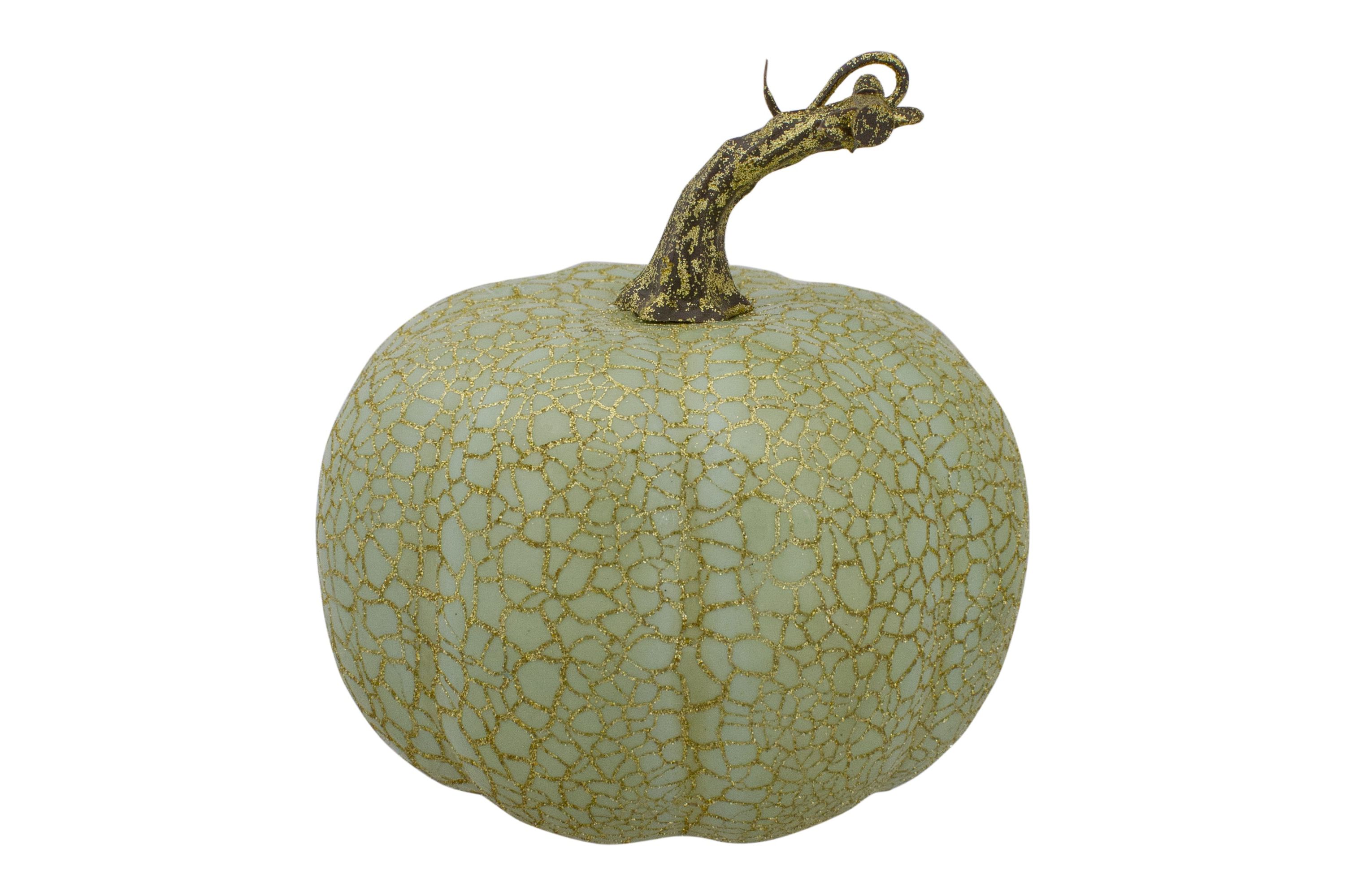 Set of 2 Green and Gold Crackle Fall Harvest Tabletop Thanksgiving Pumpkins 5-Inch