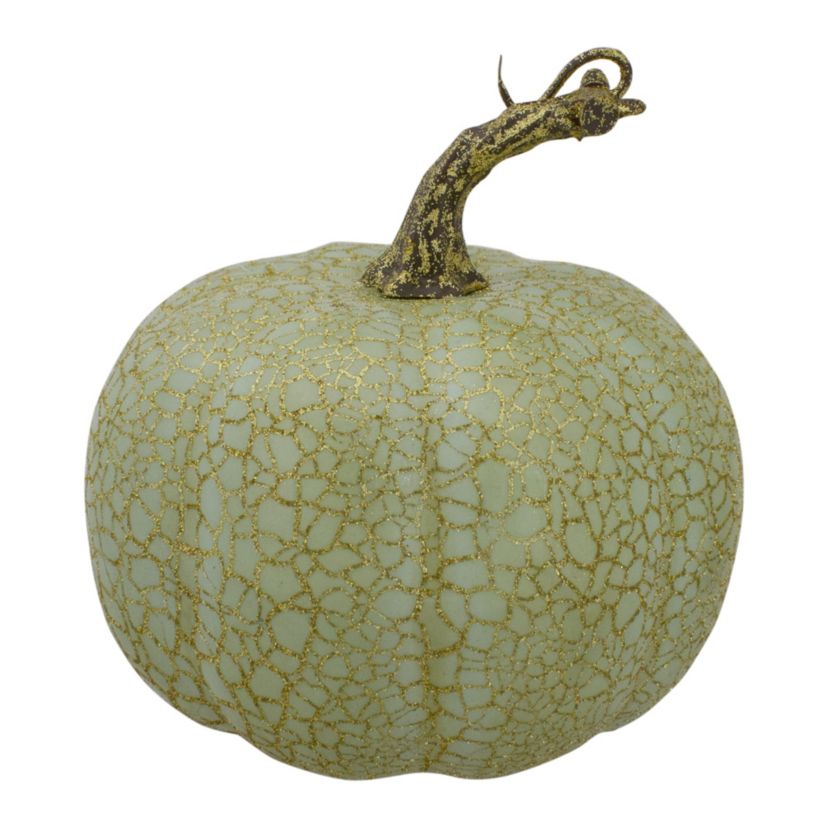 Set of 2 Green and Gold Crackle Fall Harvest Tabletop Thanksgiving Pumpkins 5-Inch