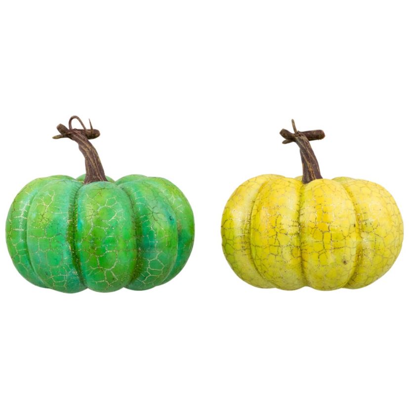 Set of 2 Green and Gold Crackle Fall Harvest Tabletop Thanksgiving Pumpkins 5-Inch