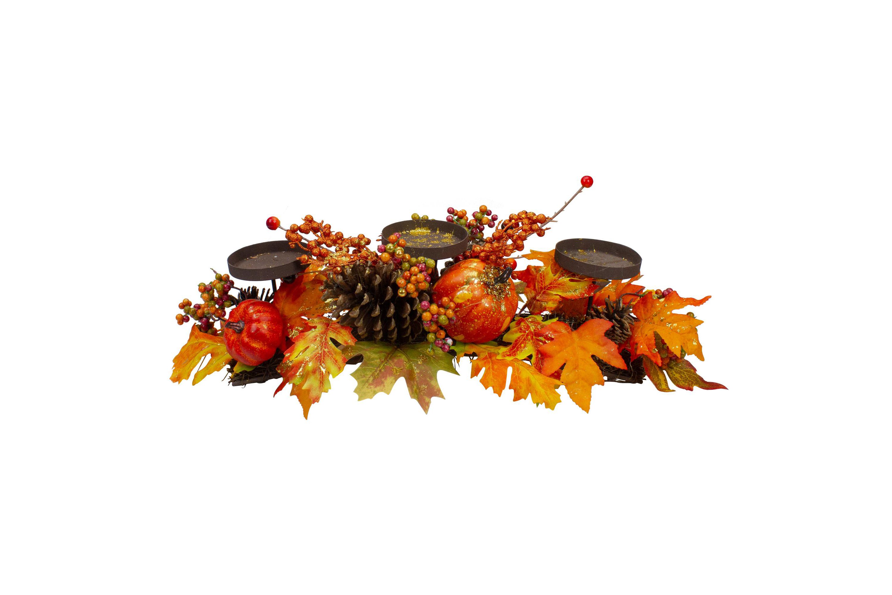 21" Orange Fall Harvest Leaves and Pumpkins Candle Holder