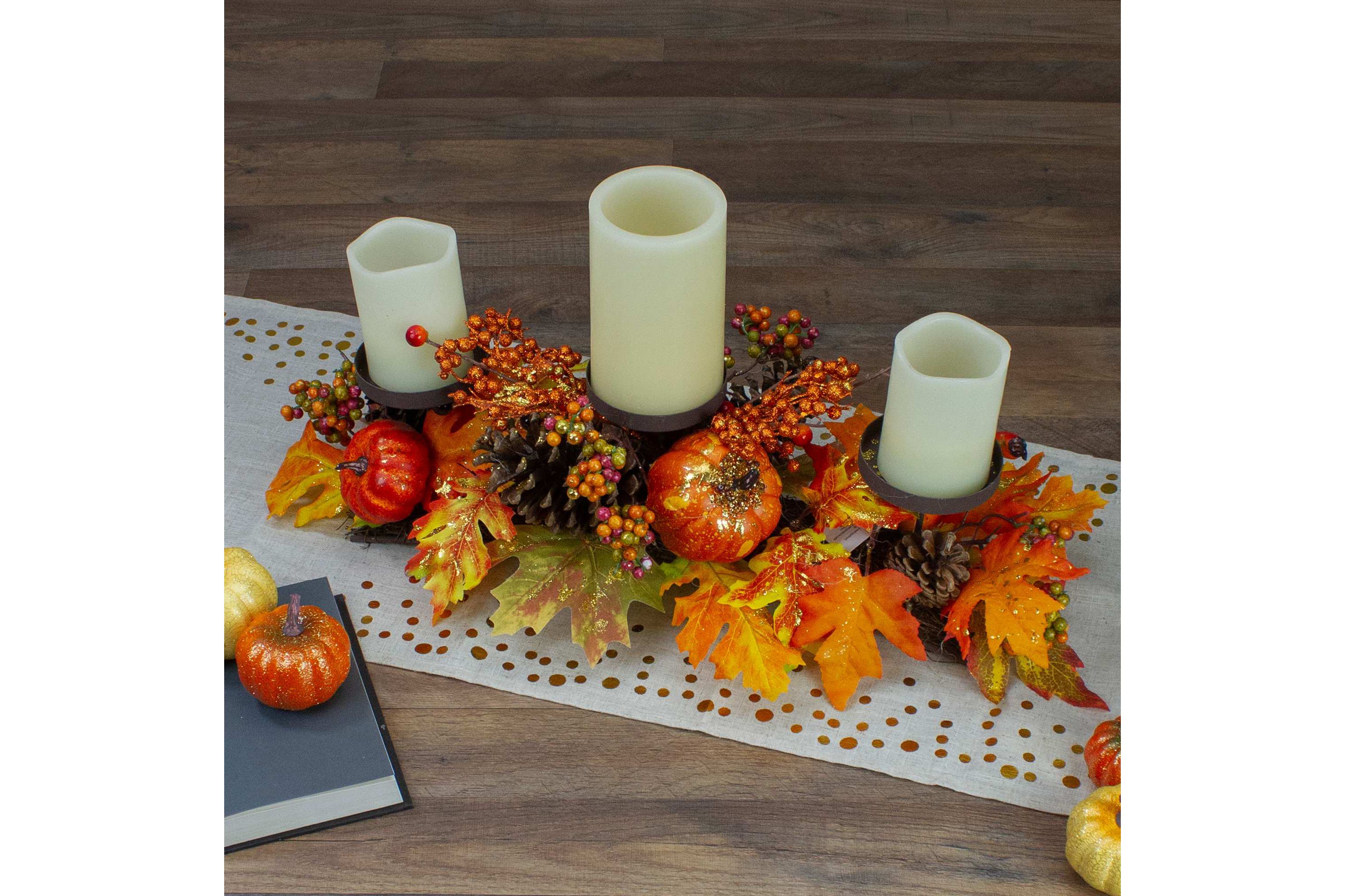 21" Orange Fall Harvest Leaves and Pumpkins Candle Holder
