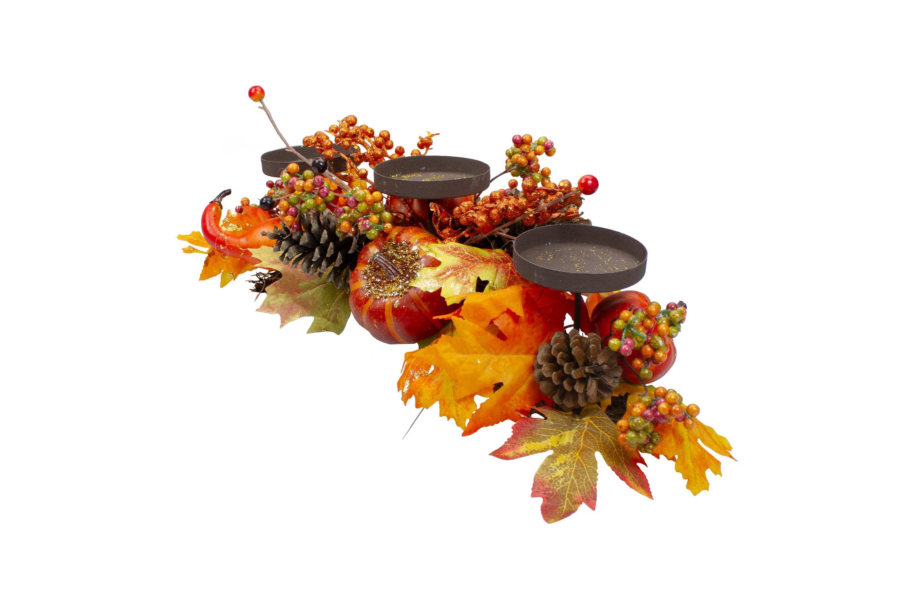 21" Orange Fall Harvest Leaves and Pumpkins Candle Holder