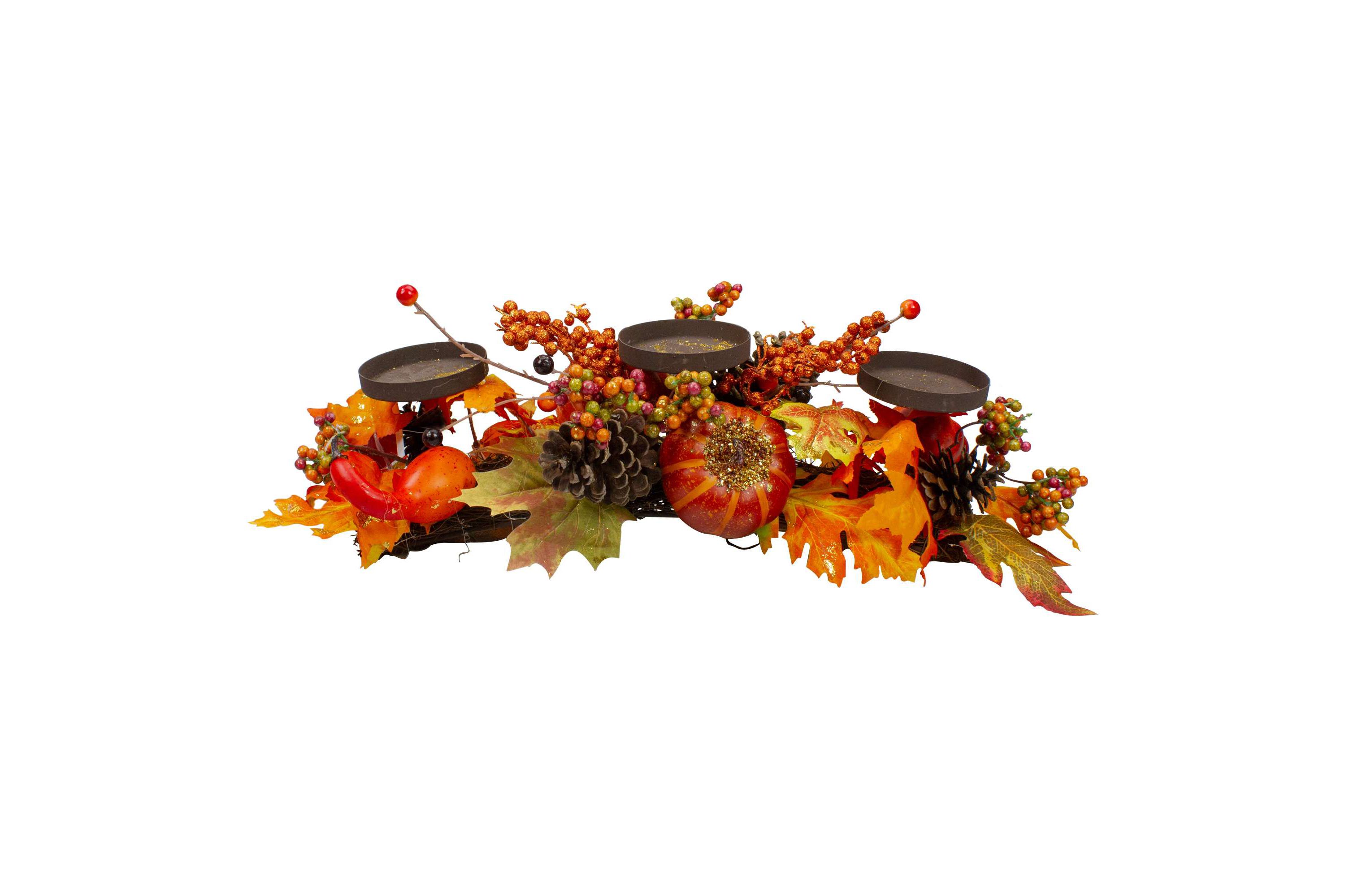 21" Orange Fall Harvest Leaves and Pumpkins Candle Holder