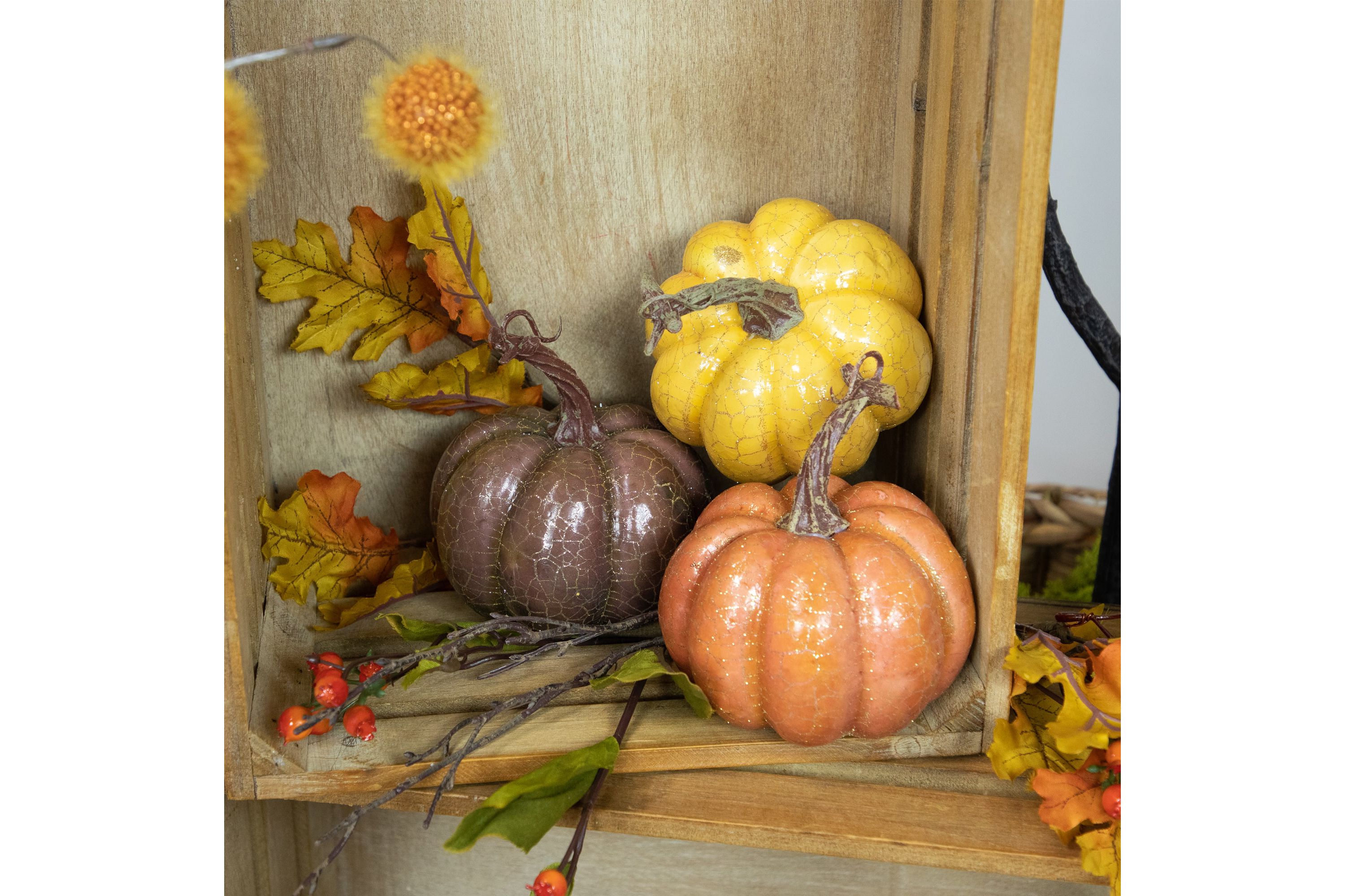 Set of 3 Orange Yellow and Brown Crackle Finish Fall Harvest Pumpkins 4inch