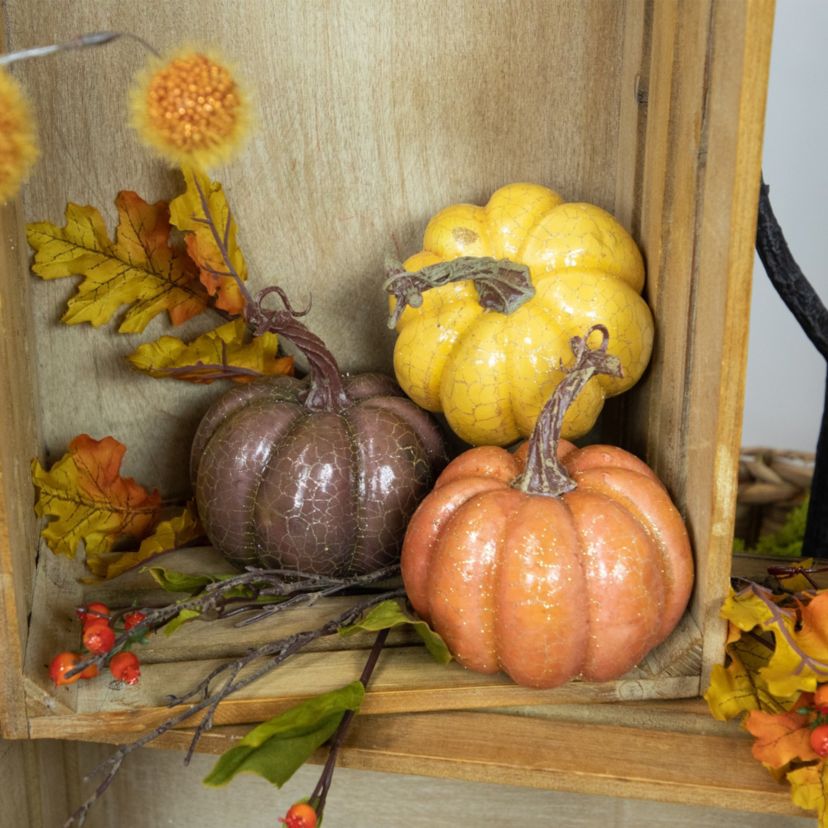 Set of 3 Orange Yellow and Brown Crackle Finish Fall Harvest Pumpkins 4inch