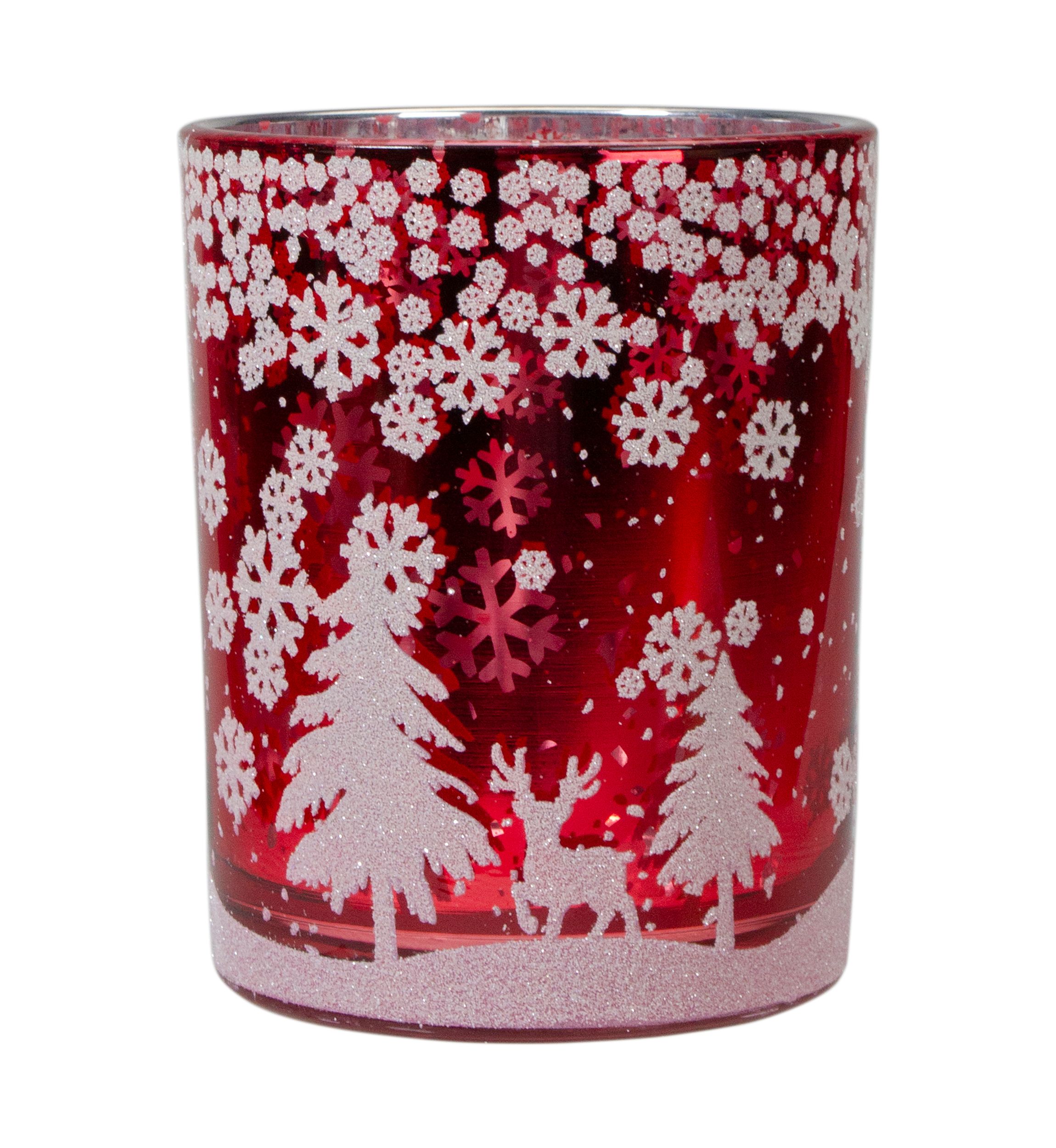 5Inch Red and Shiny Silver Deer in Winter Woods Flameless Candle Holder