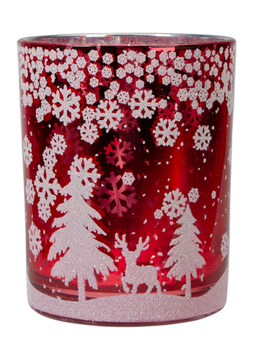 5Inch Red and Shiny Silver Deer in Winter Woods Flameless Candle Holder