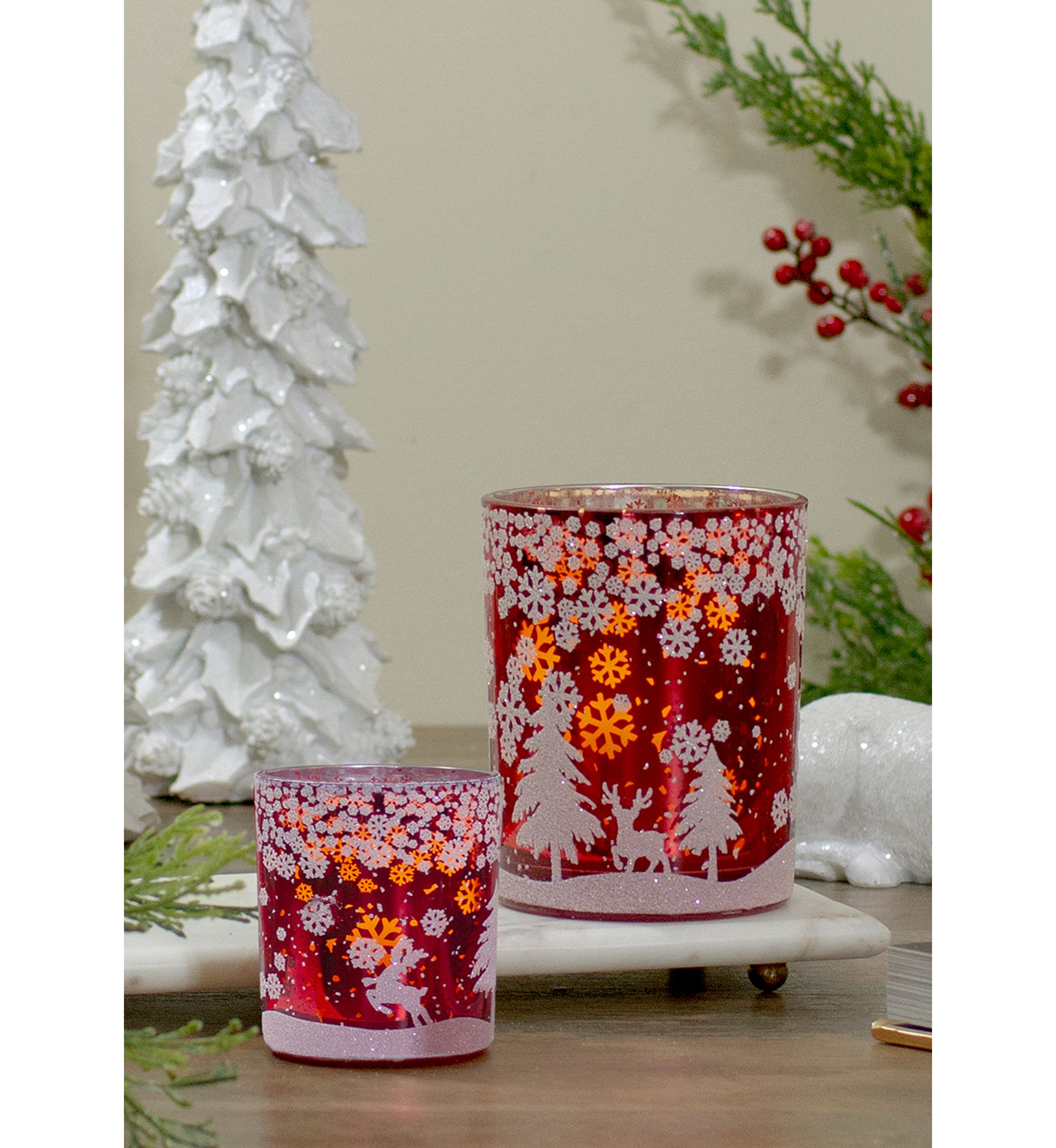 5Inch Red and Shiny Silver Deer in Winter Woods Flameless Candle Holder