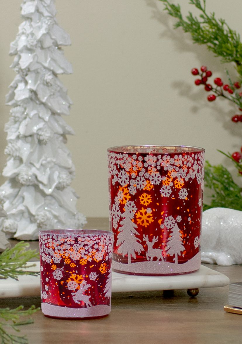 5Inch Red and Shiny Silver Deer in Winter Woods Flameless Candle Holder