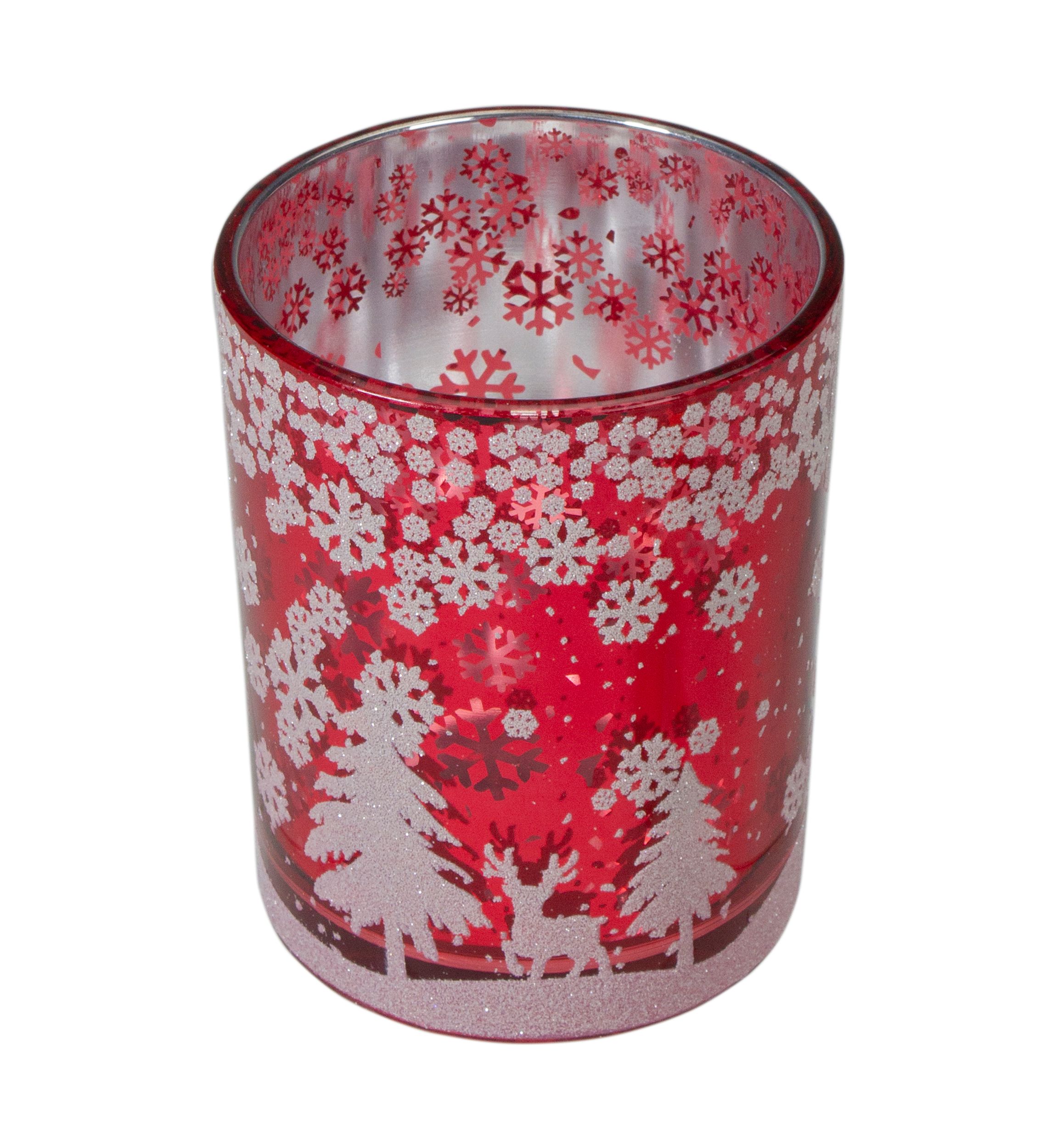 5Inch Red and Shiny Silver Deer in Winter Woods Flameless Candle Holder